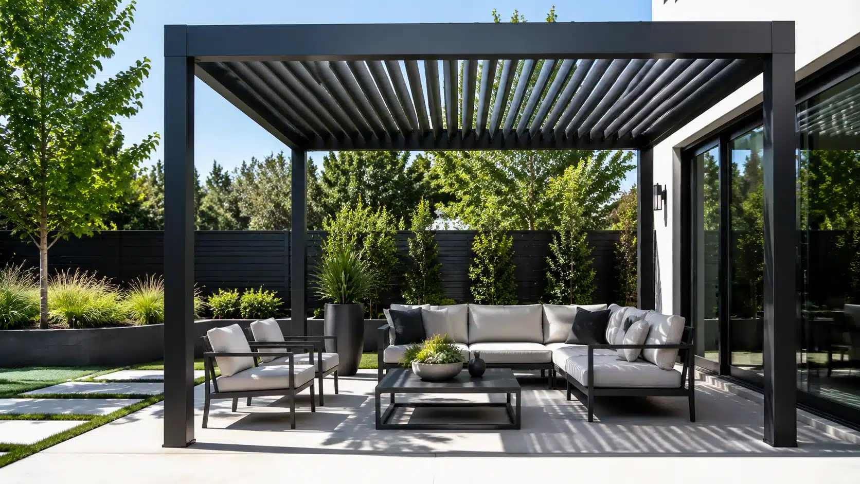 Modern aluminum pergola design with clean lines, minimalist outdoor furniture, and a sleek structure for a contemporary backyard.