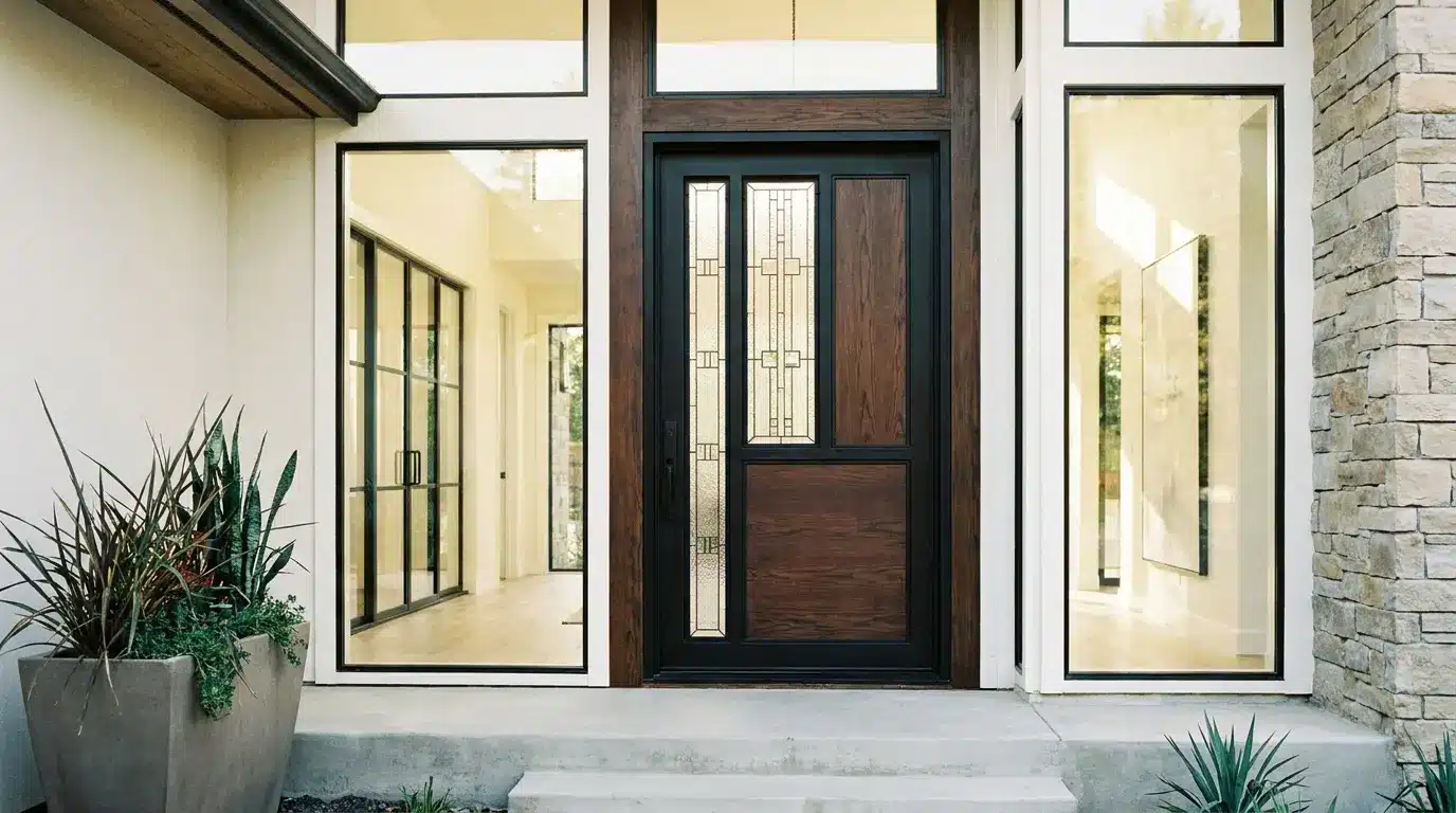 Modern front entry with a wood and glass door, tall energy-efficient windows, stone accents, and contemporary exterior design.