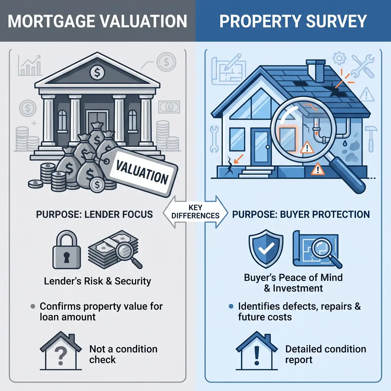 Comparison infographic showing mortgage valuation for lender vs property survey for buyer with house inspection visuals.