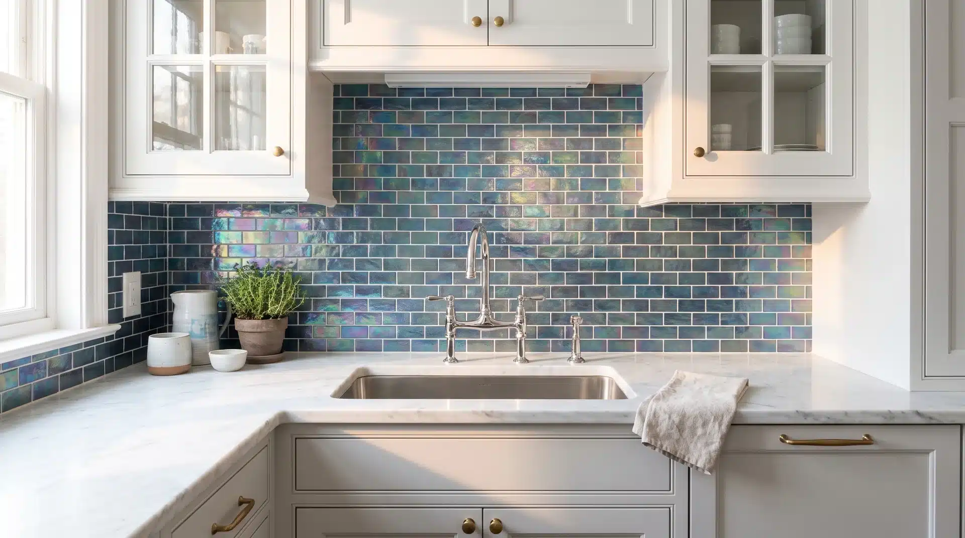 Iridescent glass mosaic splashback behind undermount sink with marble countertop and chrome bridge tap.