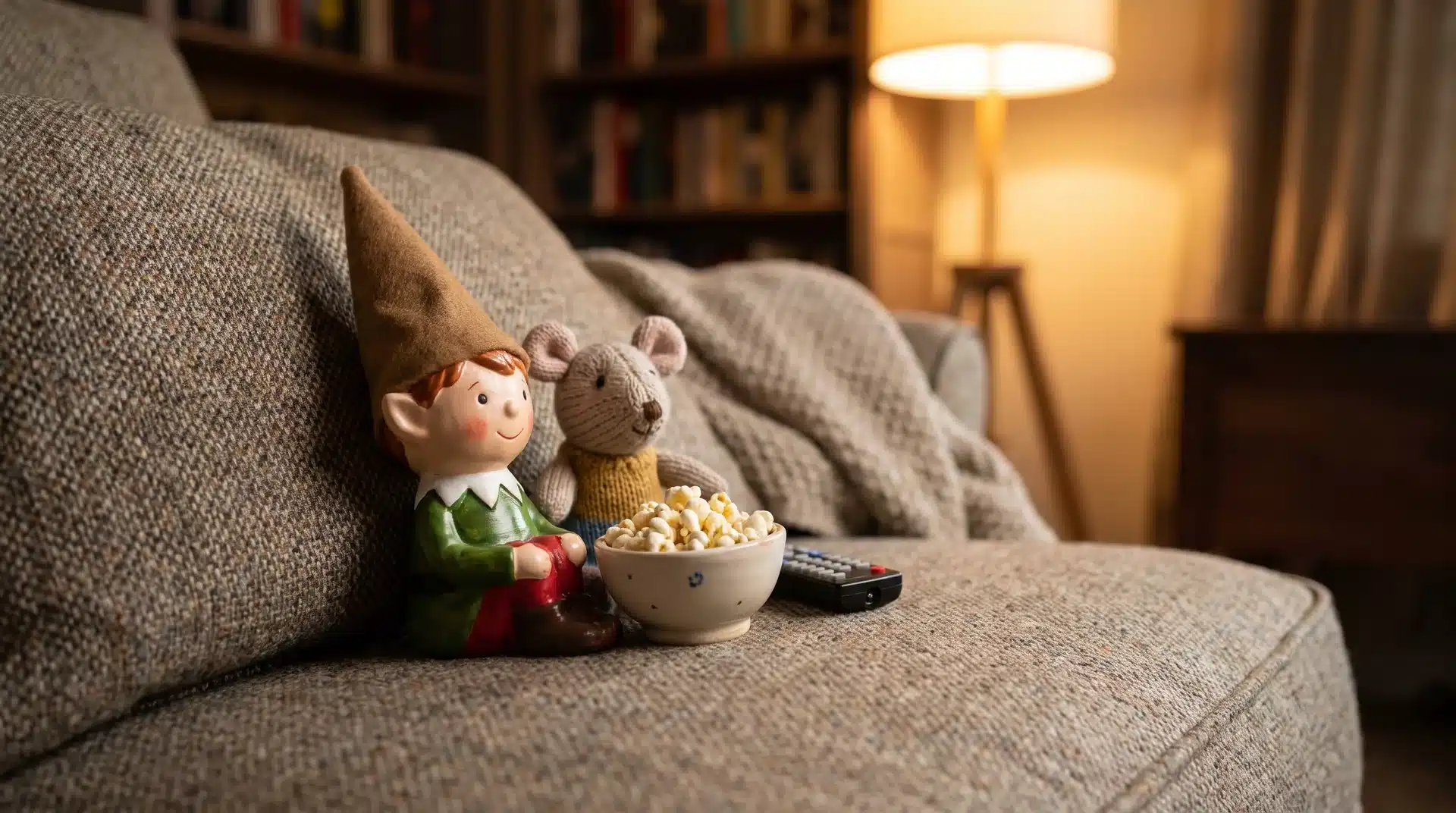 Elf on the shelf on a couch beside a stuffed animal with popcorn and a TV remote nearby.