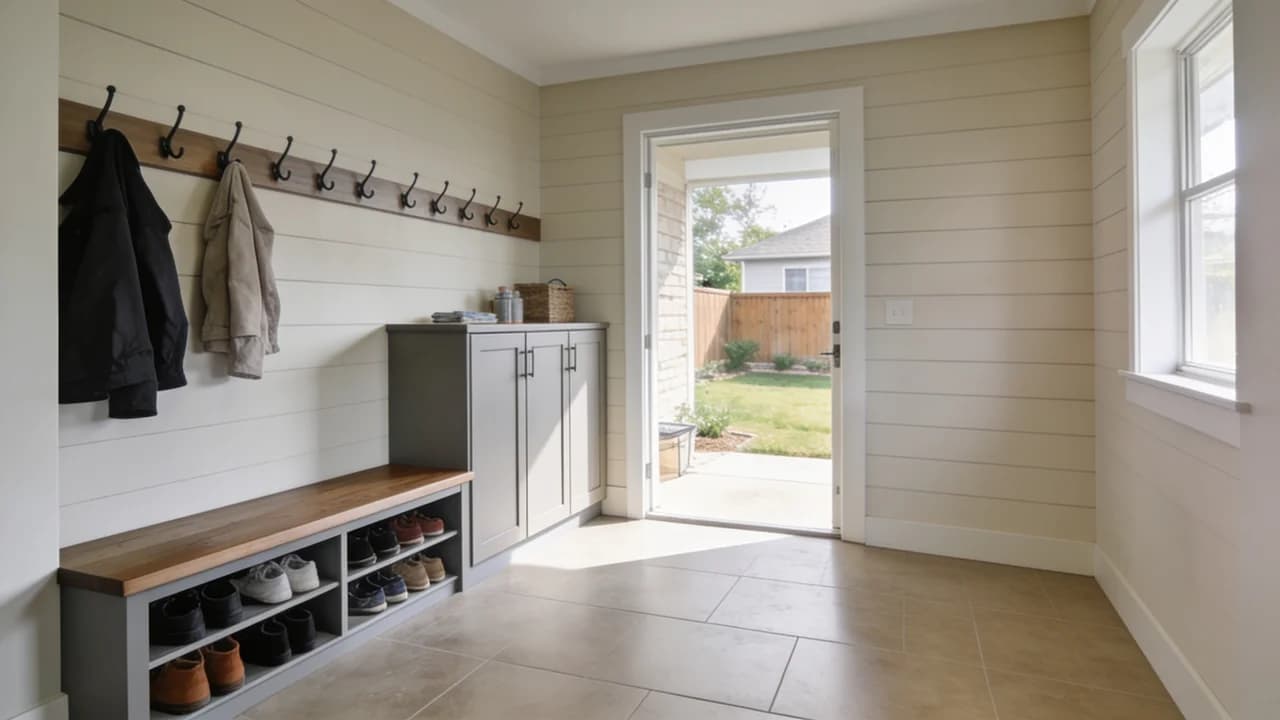 Mudroom addition with built-in storage and backyard entrance.