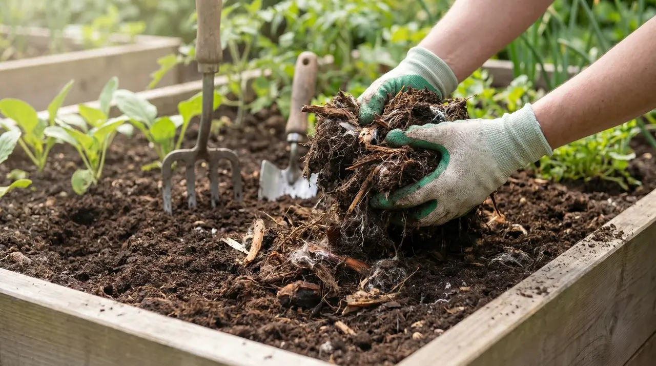 Mushroom garden compost mixed into vegetable soil improving fertility and organic matter content.