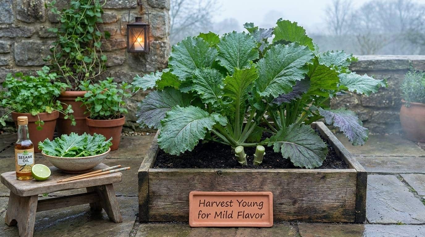 Full mustard green plant with large crinkled frilled leaves growing in a wooden raised bed on a stone patio with freshly harvested leaves in a ceramic bowl nearby.