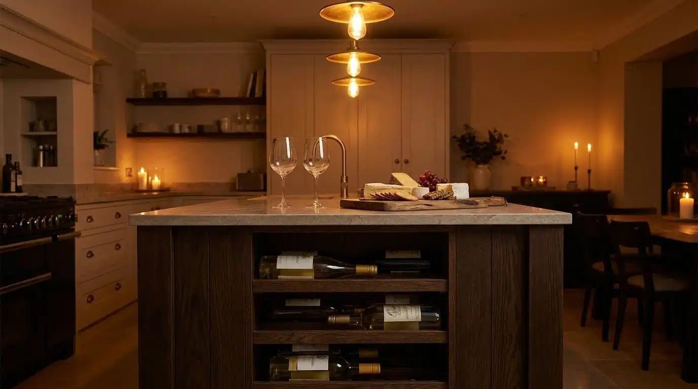 Kitchen island with built-in wine storage cubby