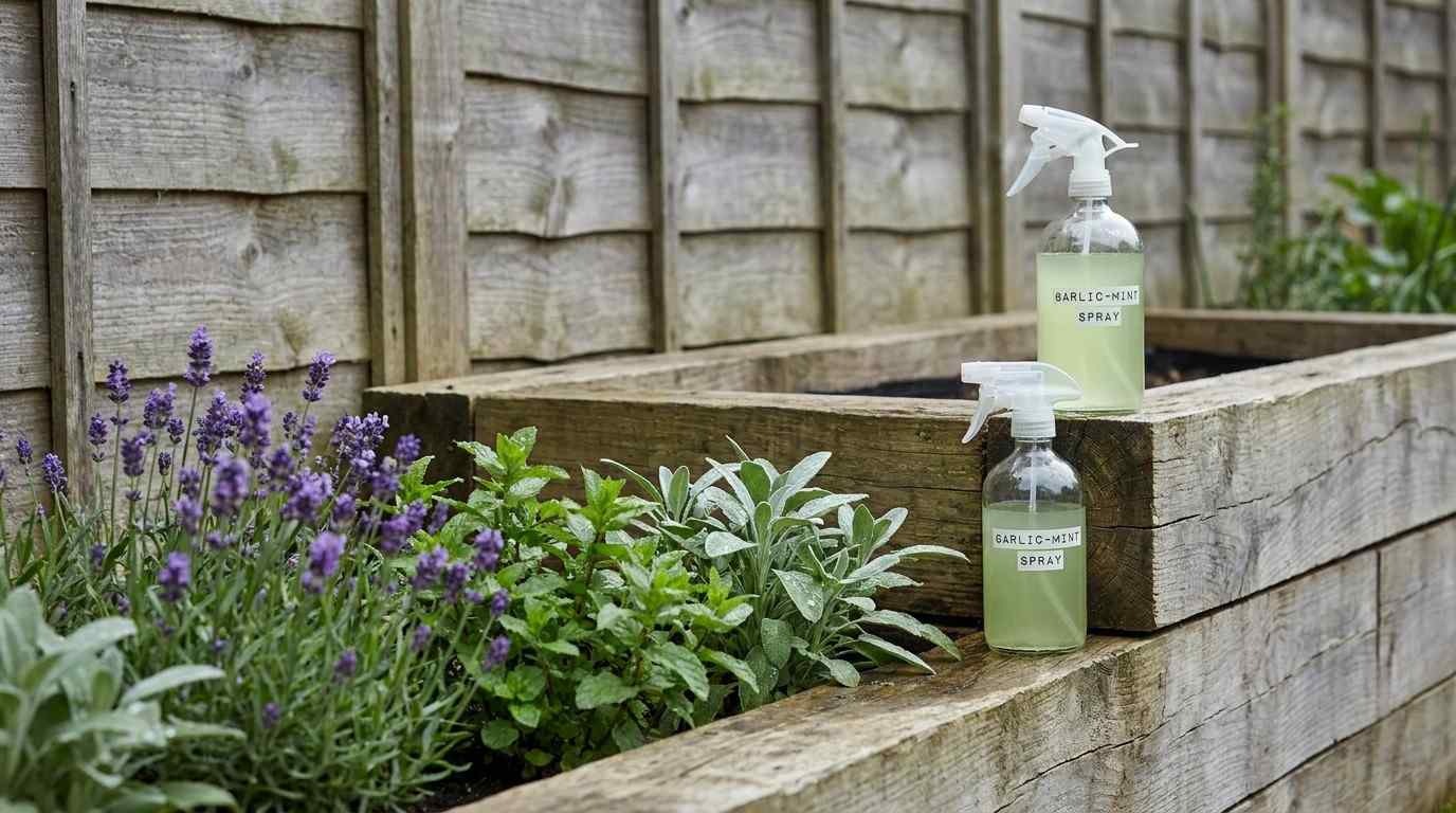 Lavender, mint, and sage planted along a garden fence line as a natural rat deterrent, with a garlic and mint spray bottle nearby