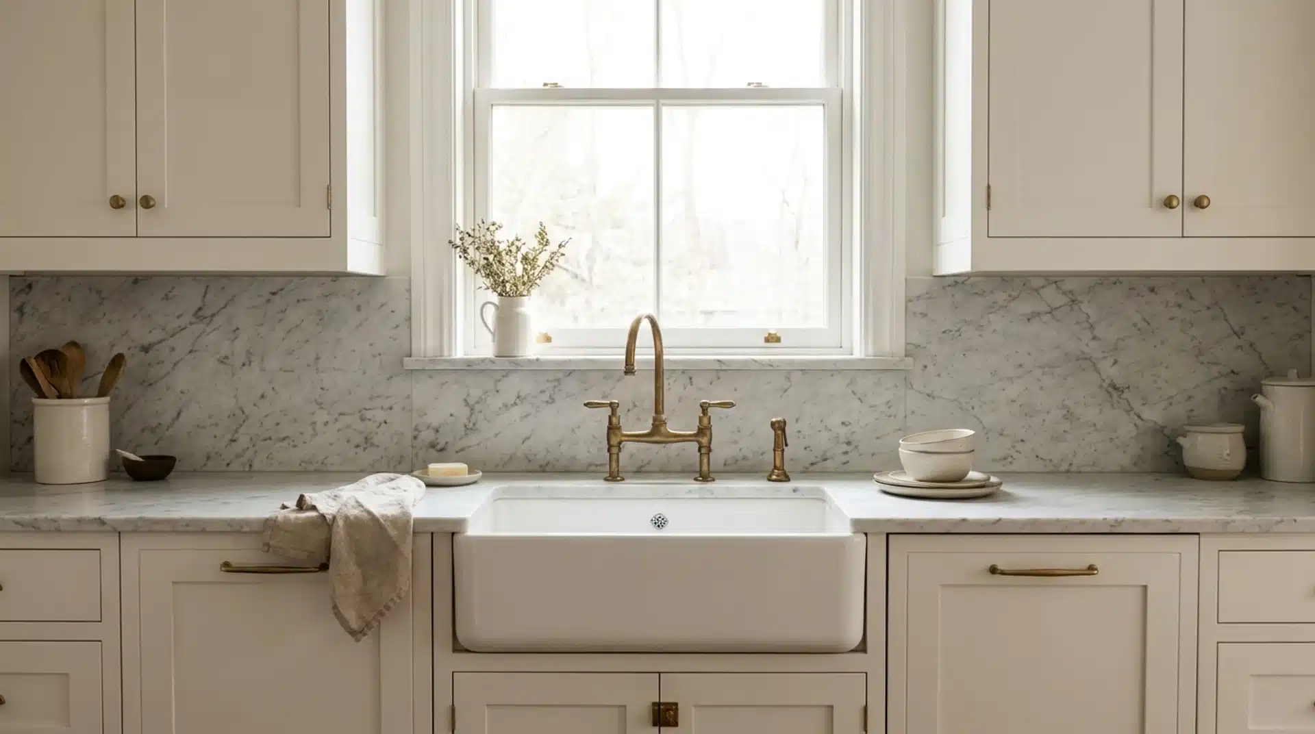 Honed Carrara marble splashback continuous with countertop behind apron sink with brass bridge tap.