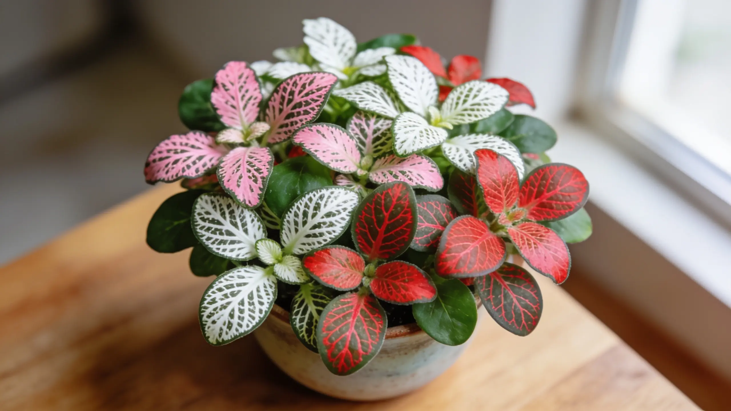 Nerve plant with green leaves and bright vein patterns in a small indoor pot on a table.