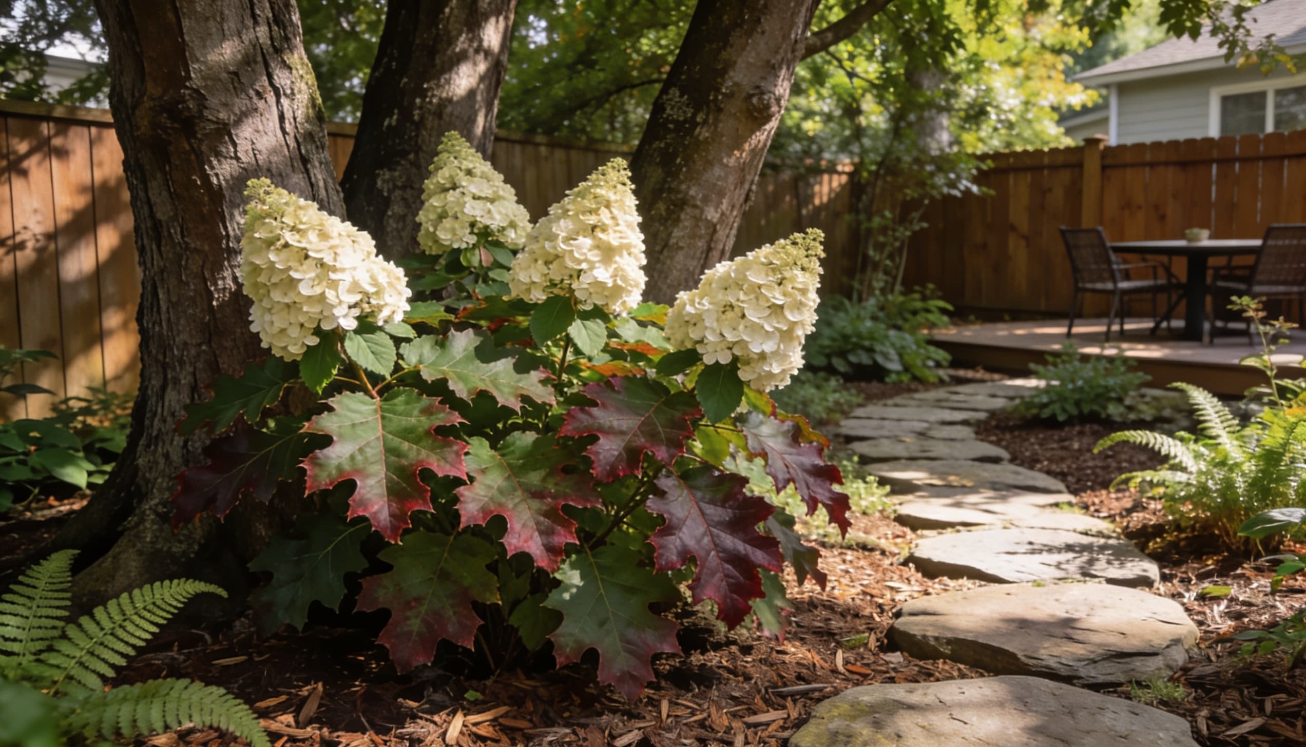 Oakleaf hydrangea growing in a shaded garden setting, showing large, cone-shaped clusters of creamy white flowers that gradually fade to pink.