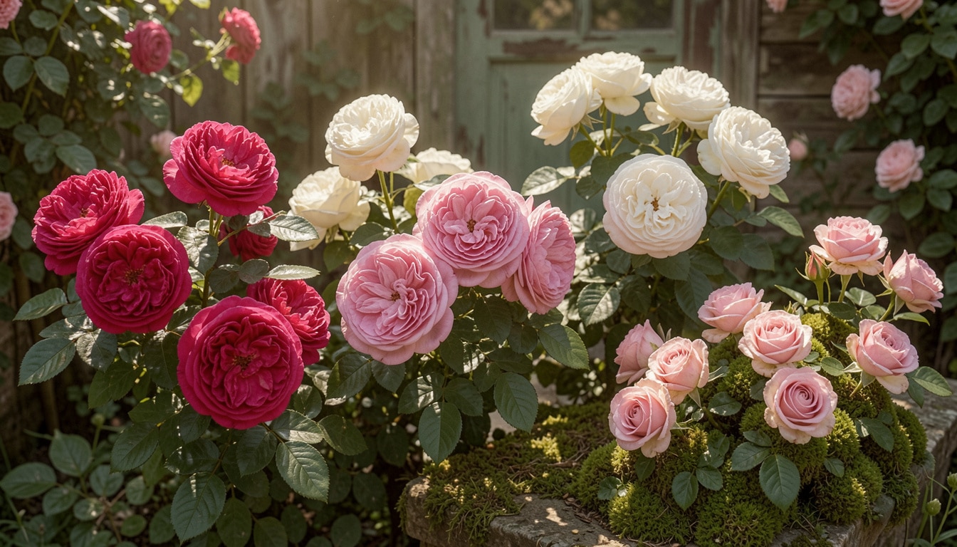 A mature bush of once-blooming old garden roses in soft pink and lavender hues, sprawling naturally with woody stems and lush green leaves in a serene garden