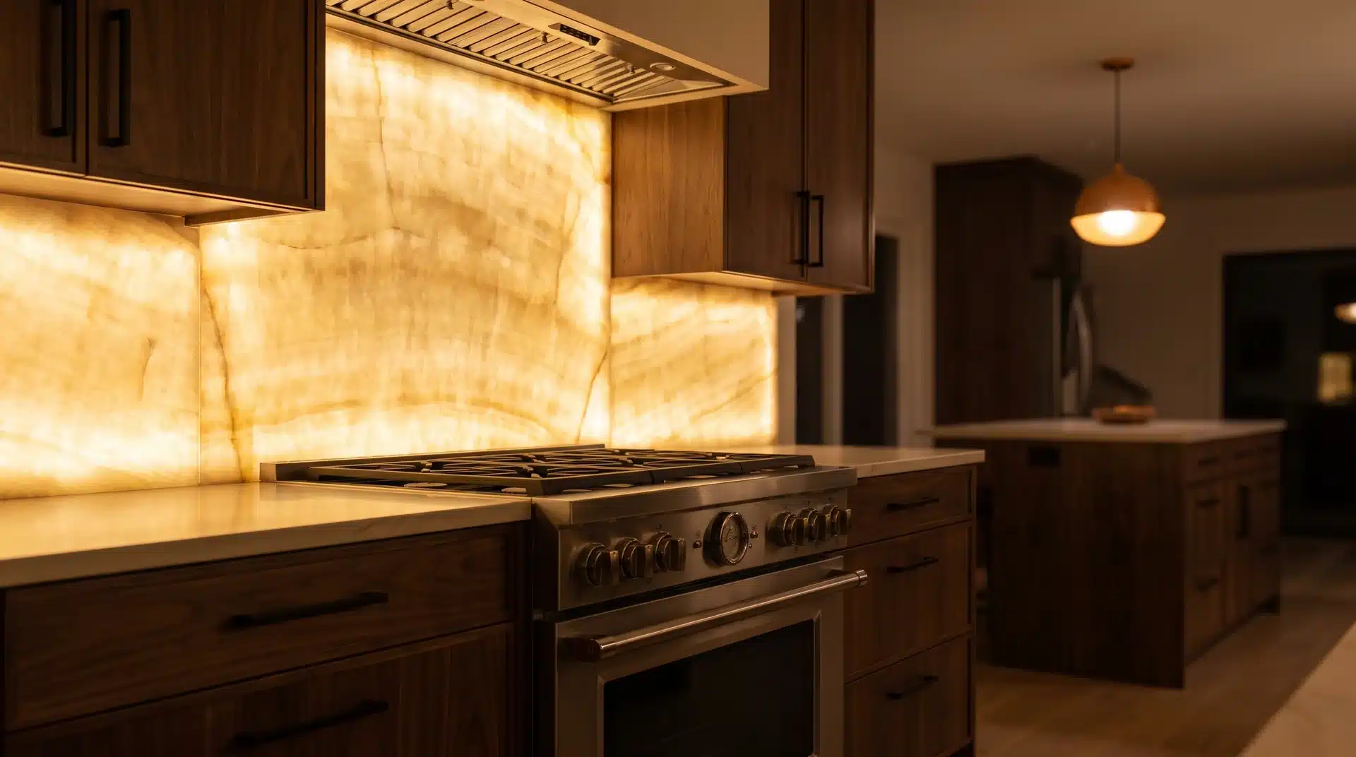 Backlit honey onyx slab splashback glowing amber behind a range cooker flanked by dark walnut cabinetry.