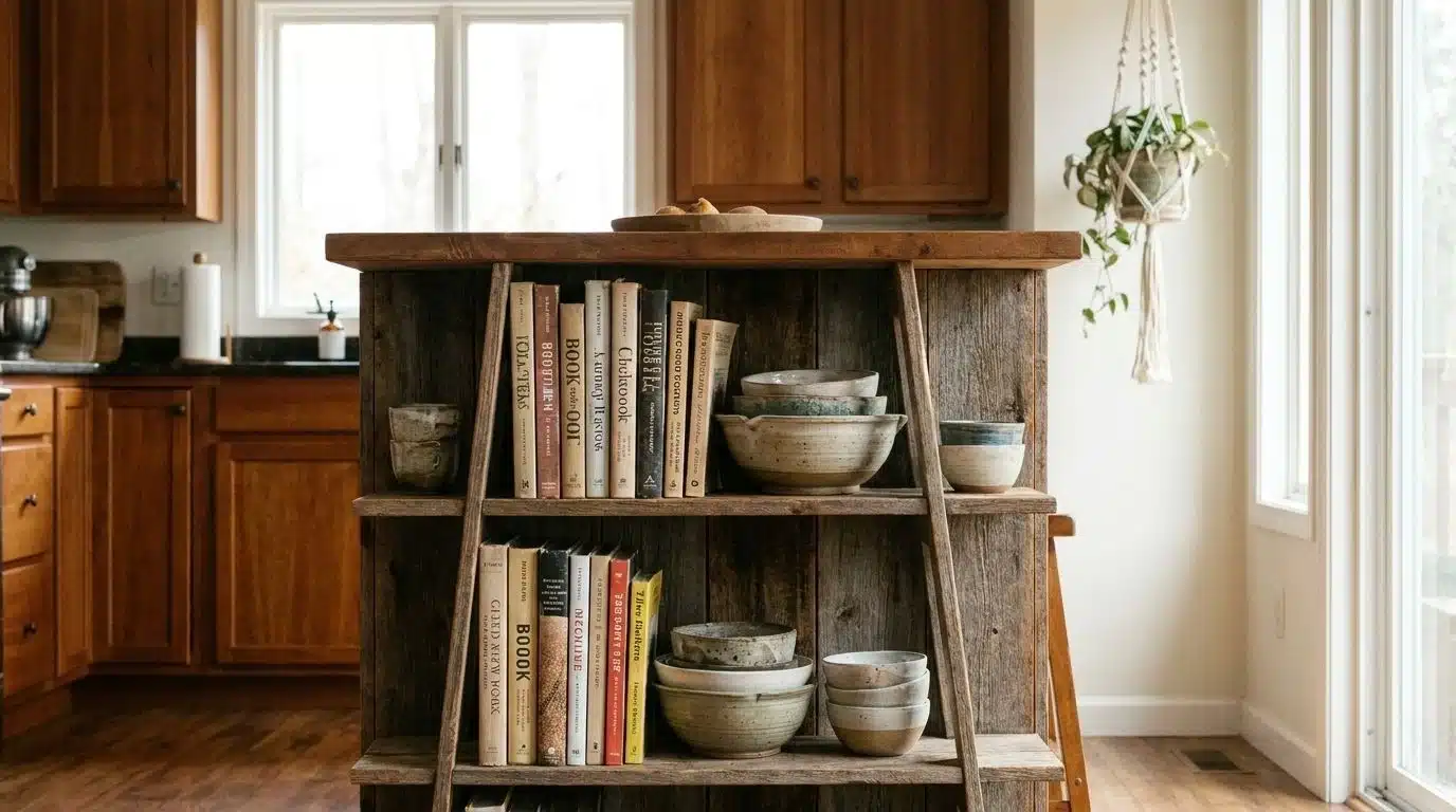 Kitchen island with open ladder shelf display