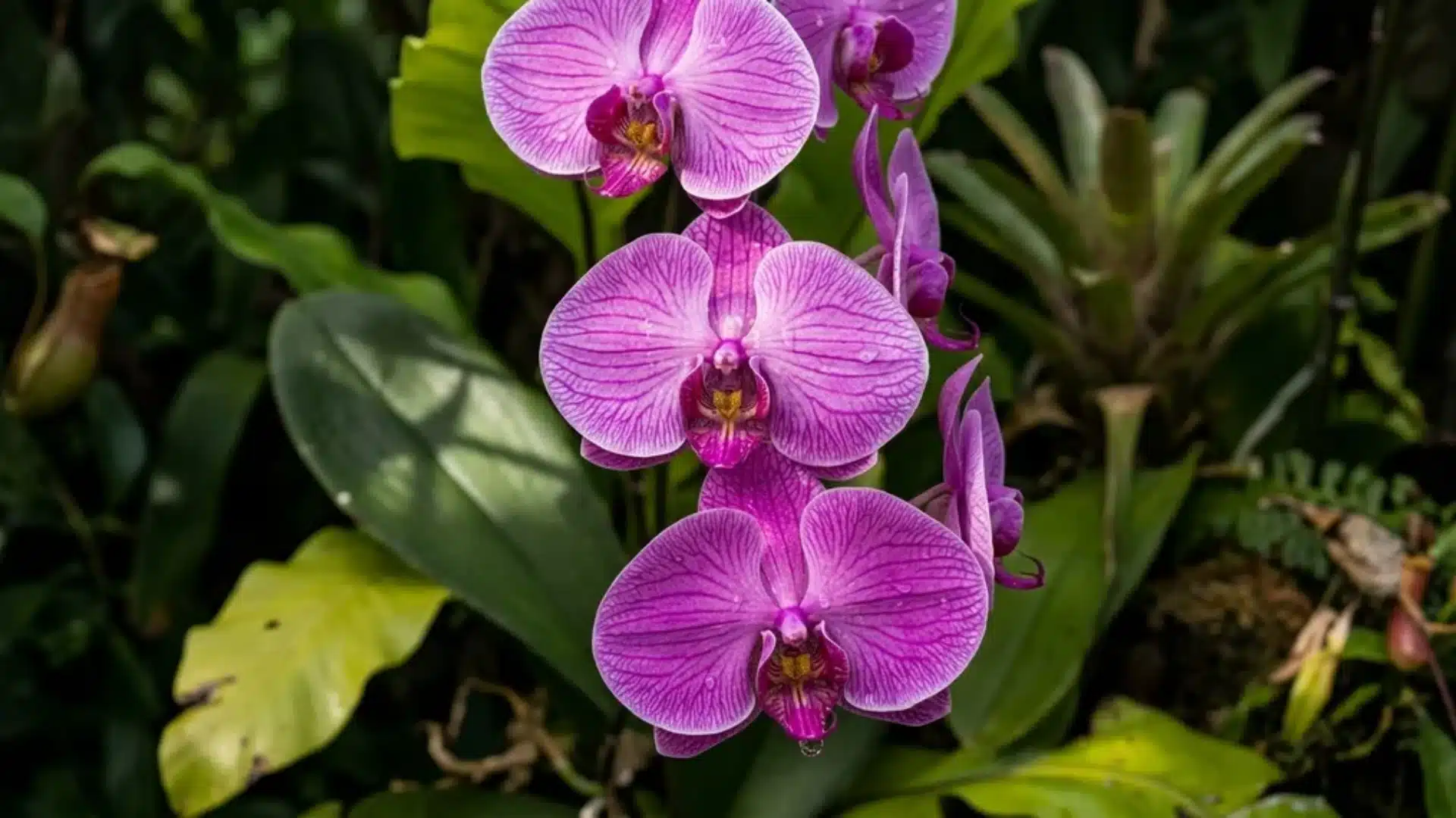 Purple orchid blooms arranged along a stem with vibrant petals and tropical leaves in the background.