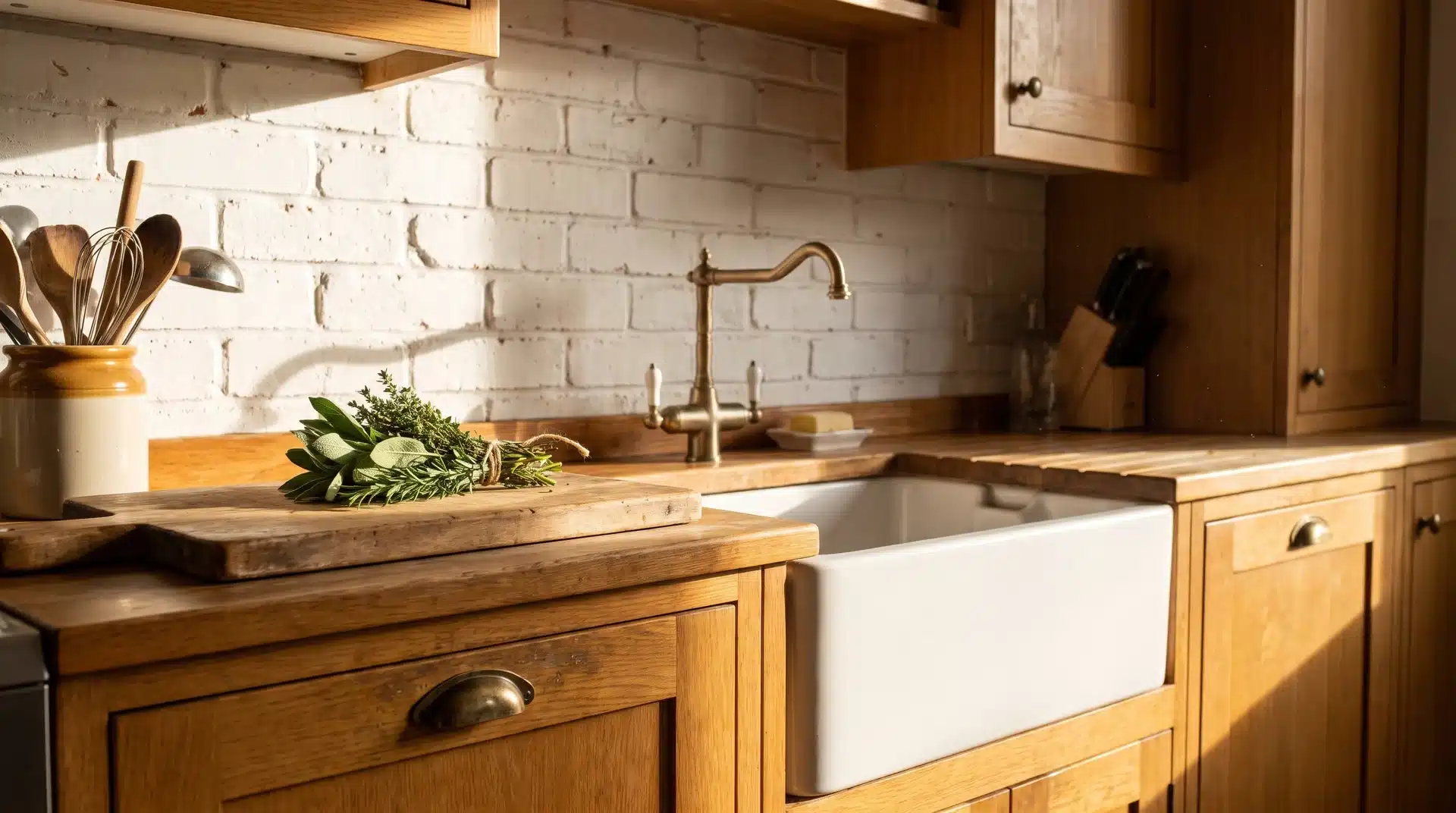 White painted brick splashback with visible mortar texture behind honey oak cabinetry and a ceramic farmhouse sink.