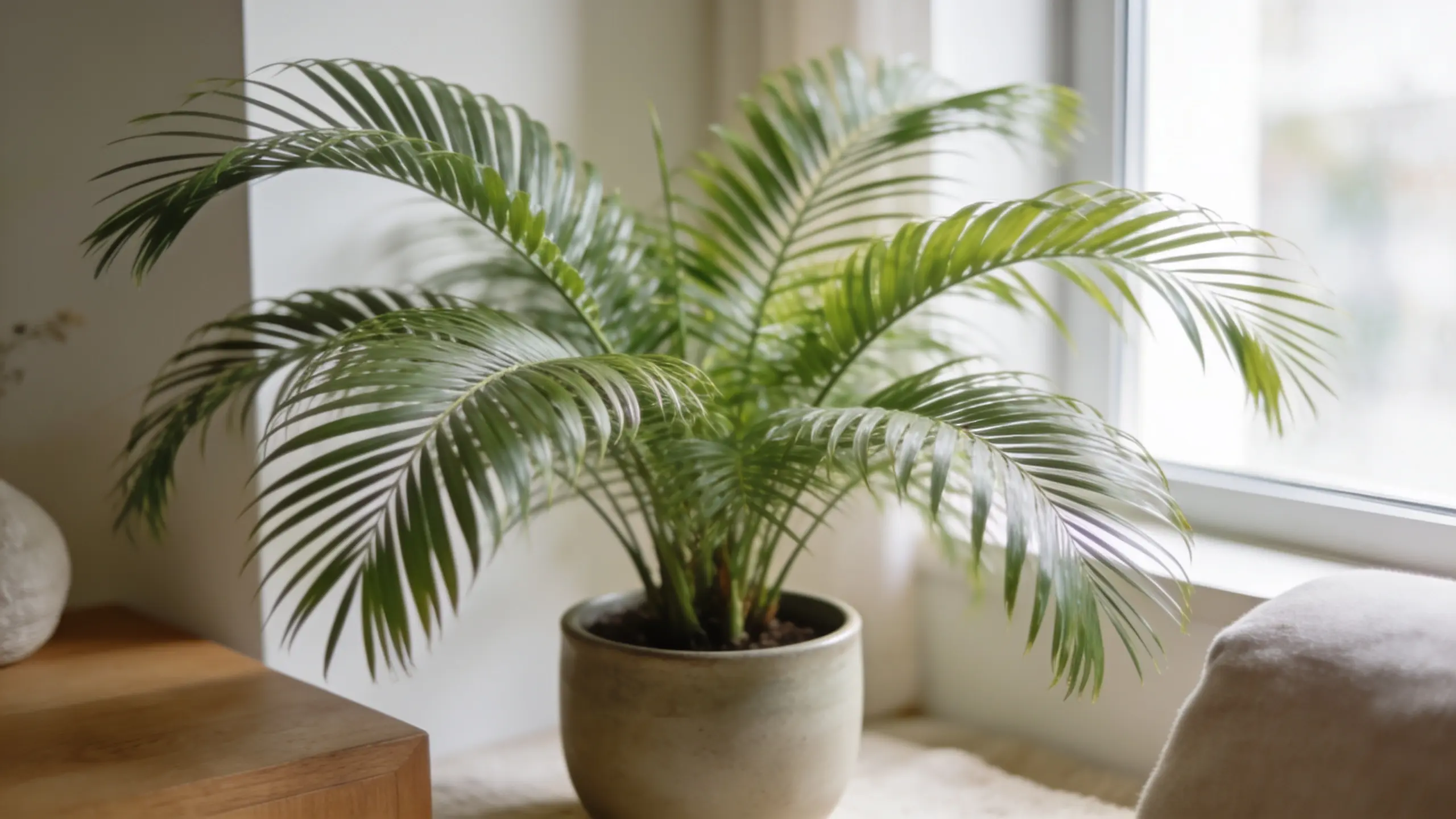 Parlour palm with soft feathery green fronds in an indoor pot placed near a window with natural light.