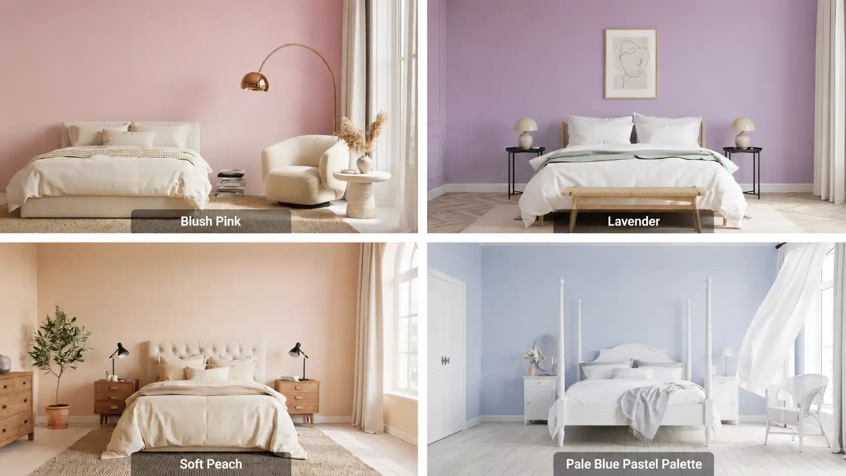 Luxury bedroom collage featuring blush pink, lavender, soft peach, and pale blue pastel bedroom walls.