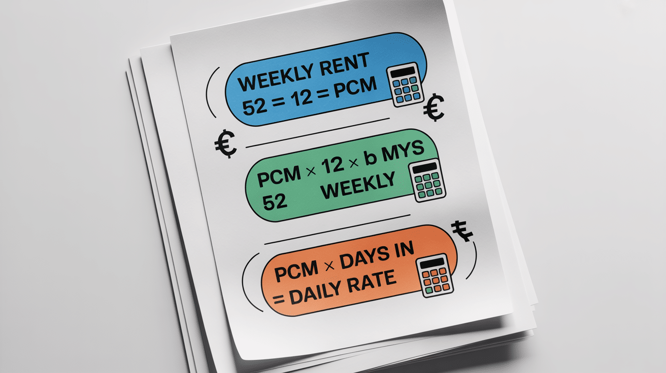 An illustration of a notepad showing math formulas to calculate weekly, PCM, and daily rental rates.