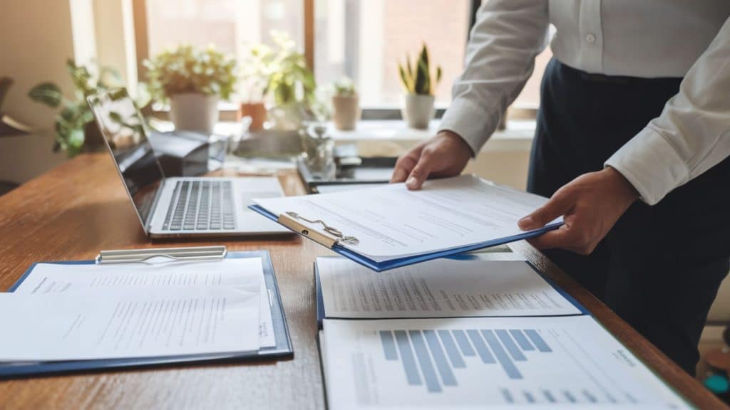 Letting agent reviewing rent affordability documents and tenancy paperwork