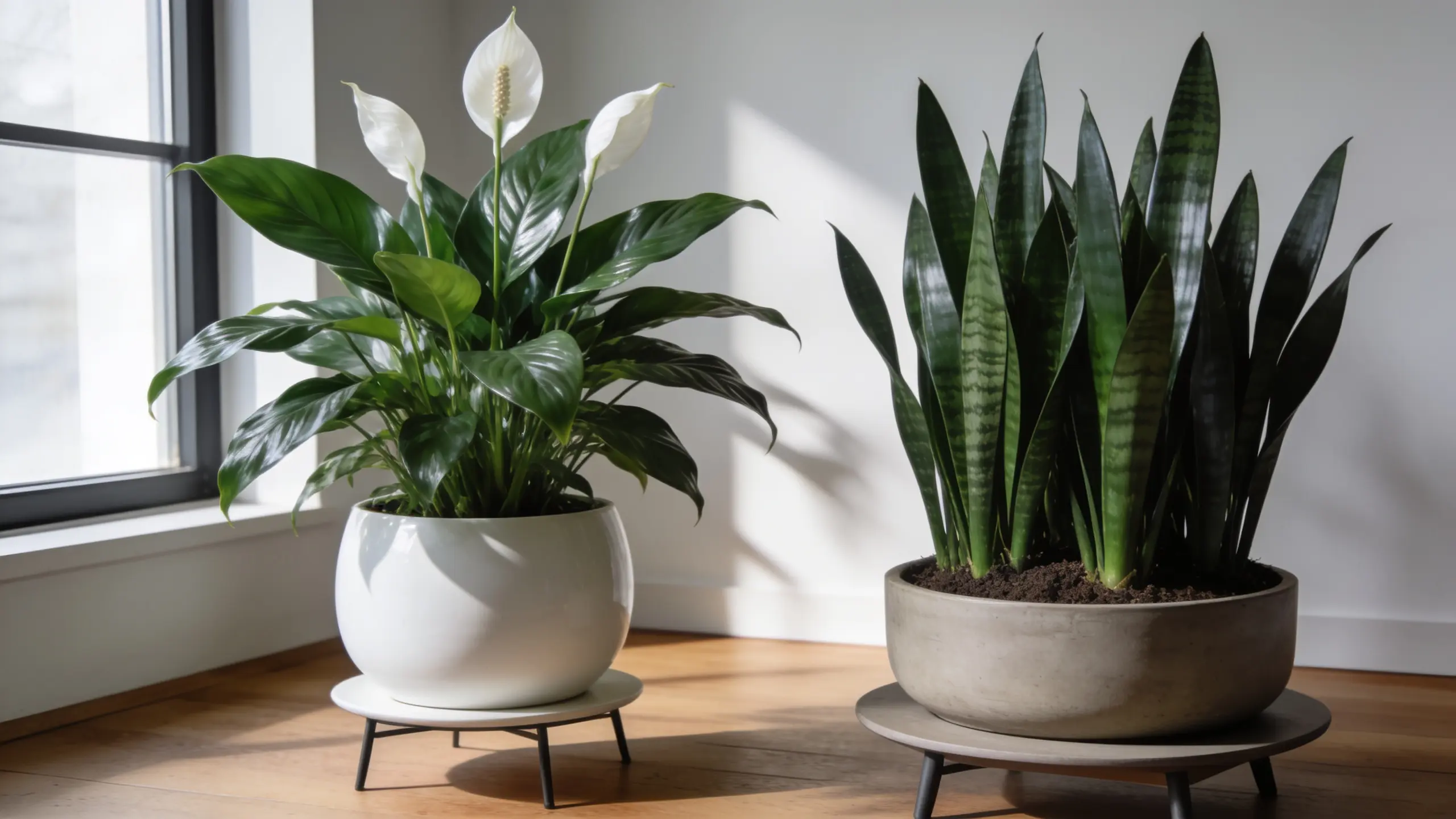 Peace lily with white blooms and glossy leaves next to cast iron plant with upright dark green leaves in indoor pots.