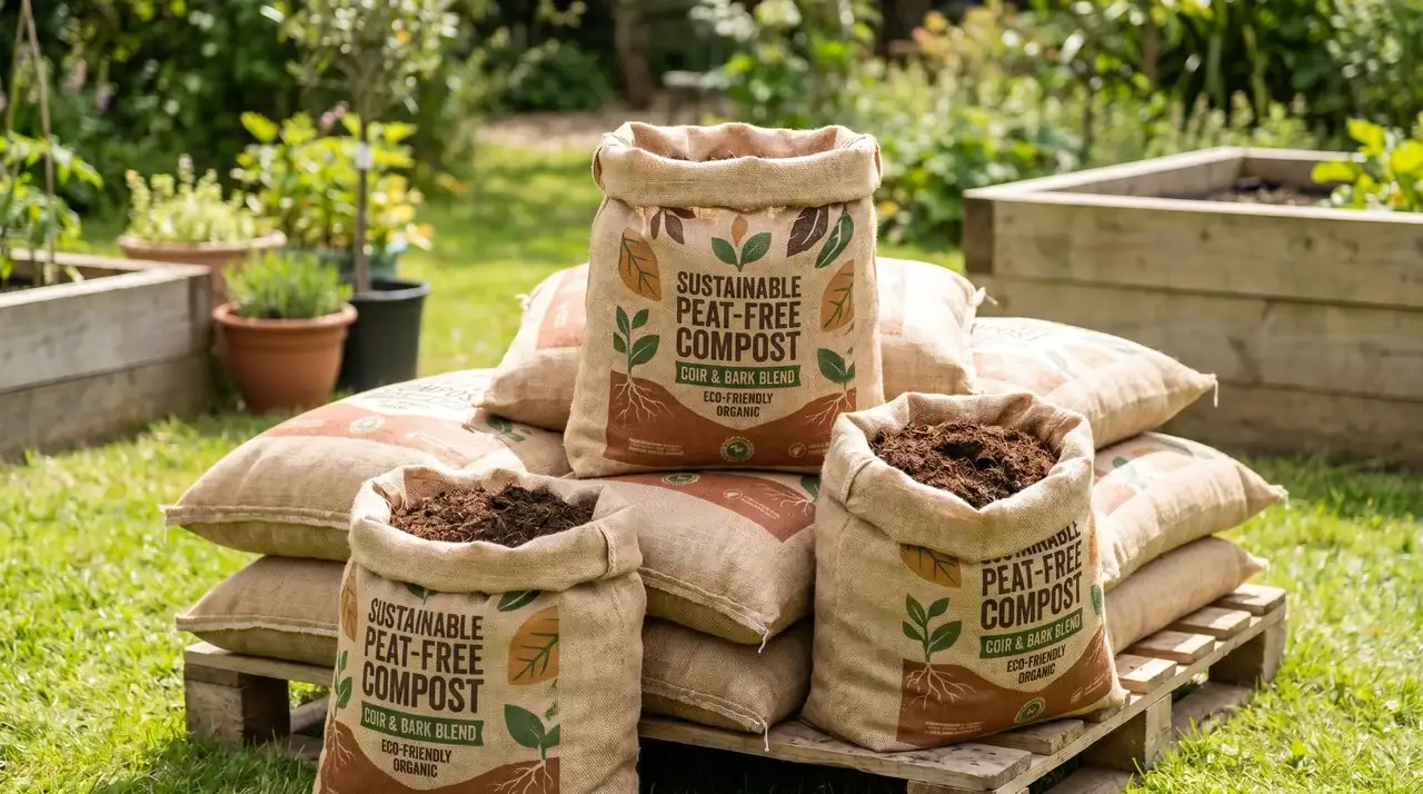Peat-free garden compost made from coir and bark, offering sustainable soil improvement for gardens.