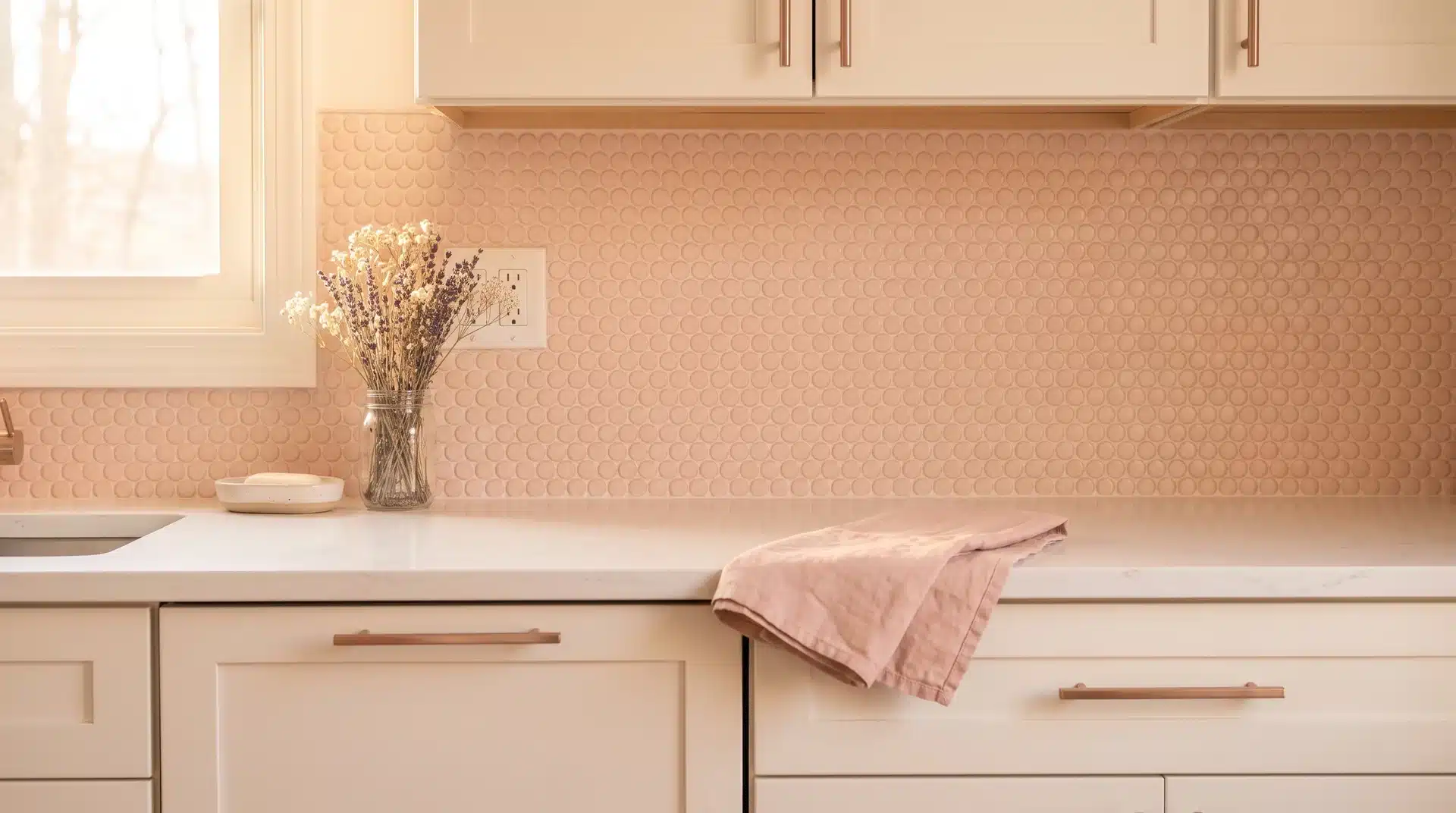 Pale blush penny round tile splashback with rose gold hardware and dried wildflowers in a soft warm kitchen.