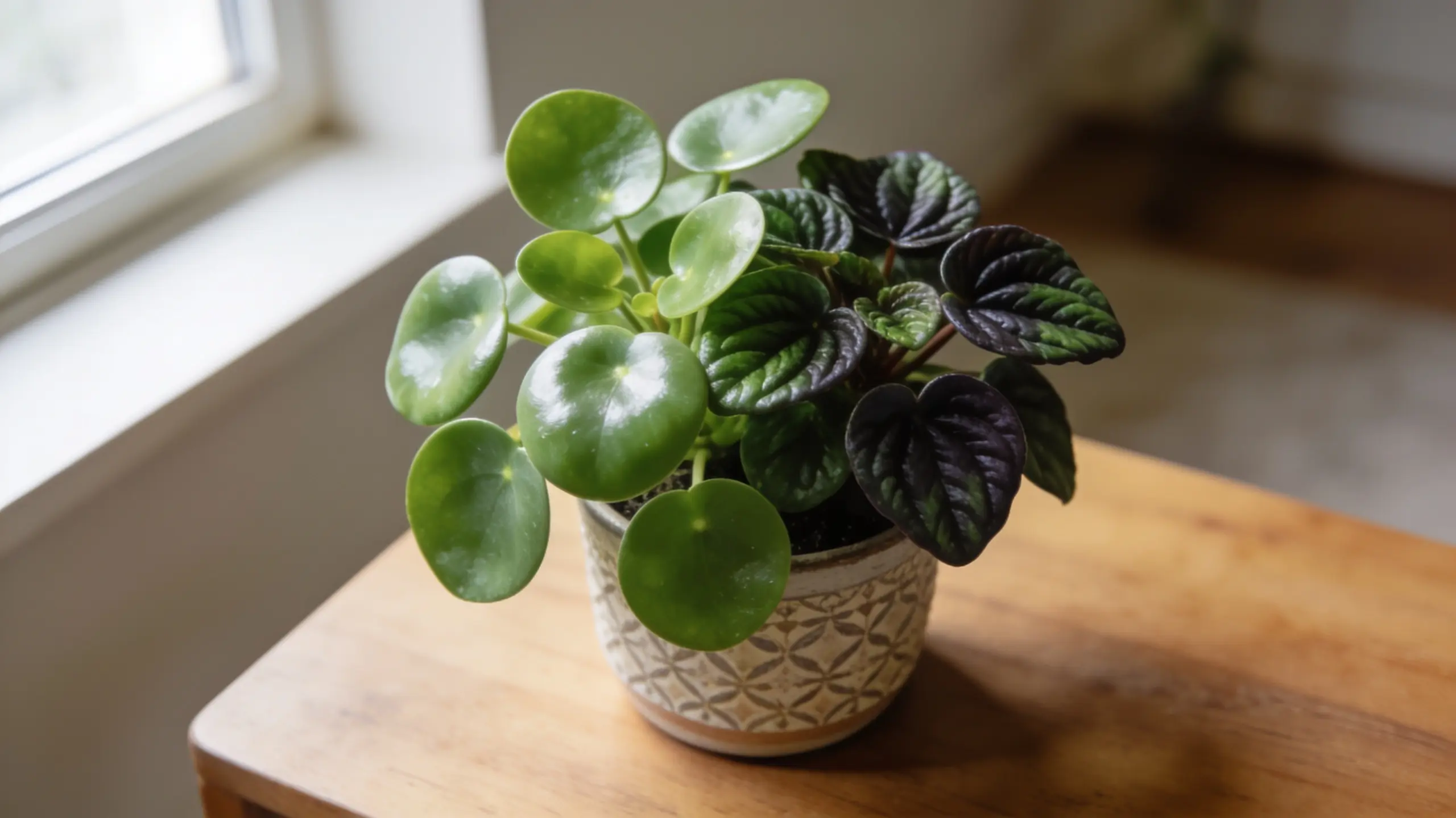 Peperomia plant with thick glossy green leaves in a compact indoor pot on a wooden surface.