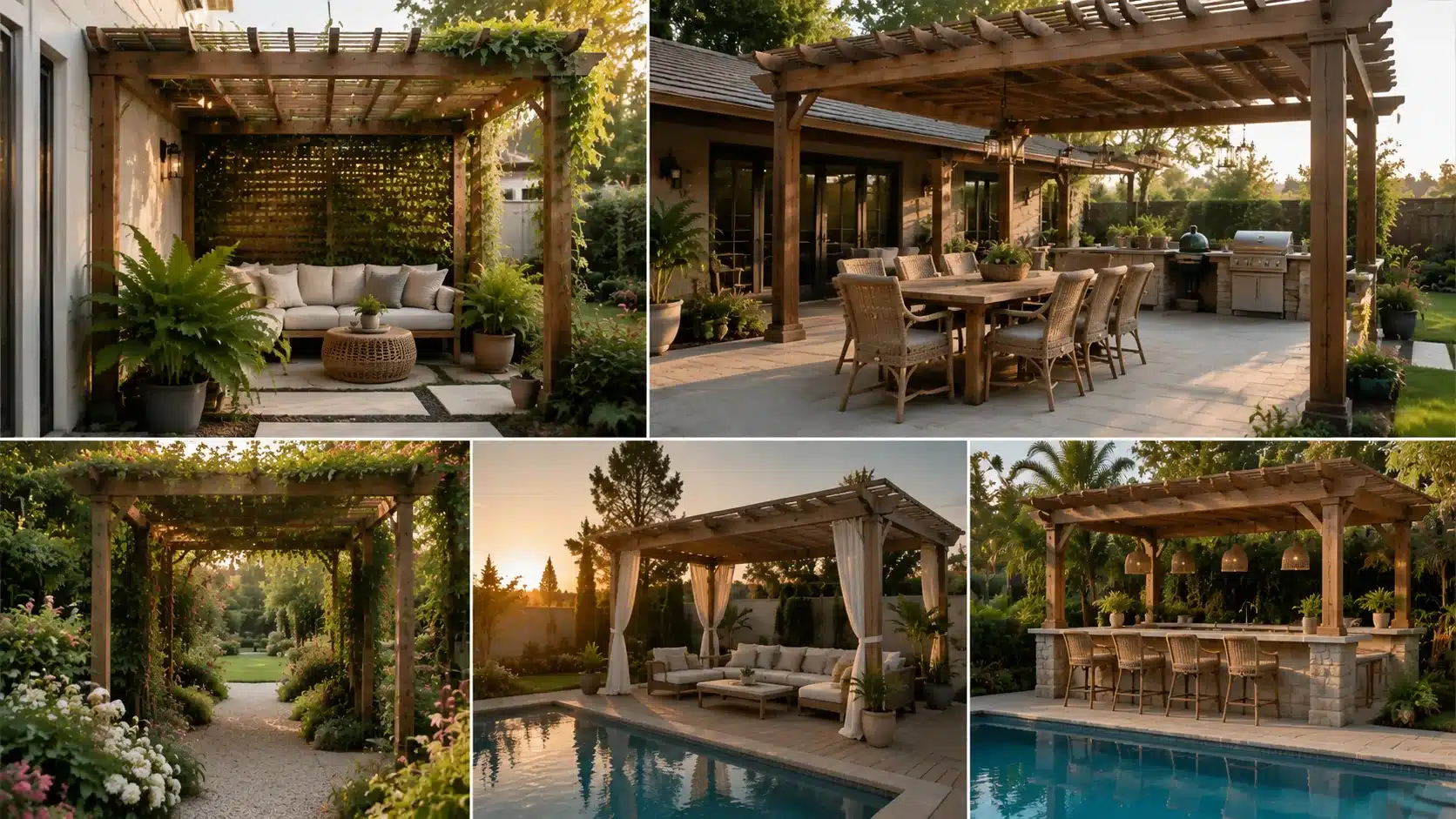 Outdoor pergola ideas for small backyards, patios, gardens, and poolside spaces featuring stylish shaded areas and seating designs.