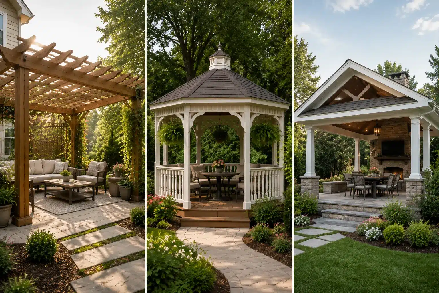 Outdoor comparison showing a wooden pergola, gazebo with closed roof, and pavilion with solid roof in landscaped backyard settings.