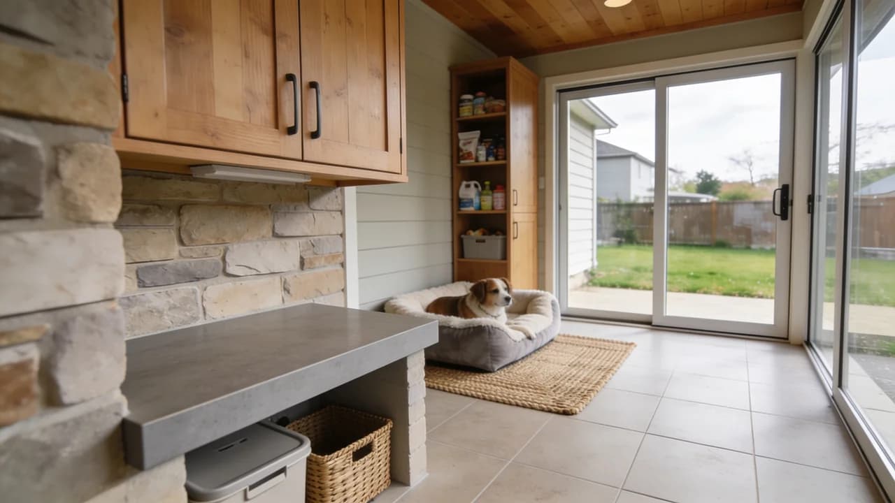 Pet-friendly room addition with backyard access and storage.