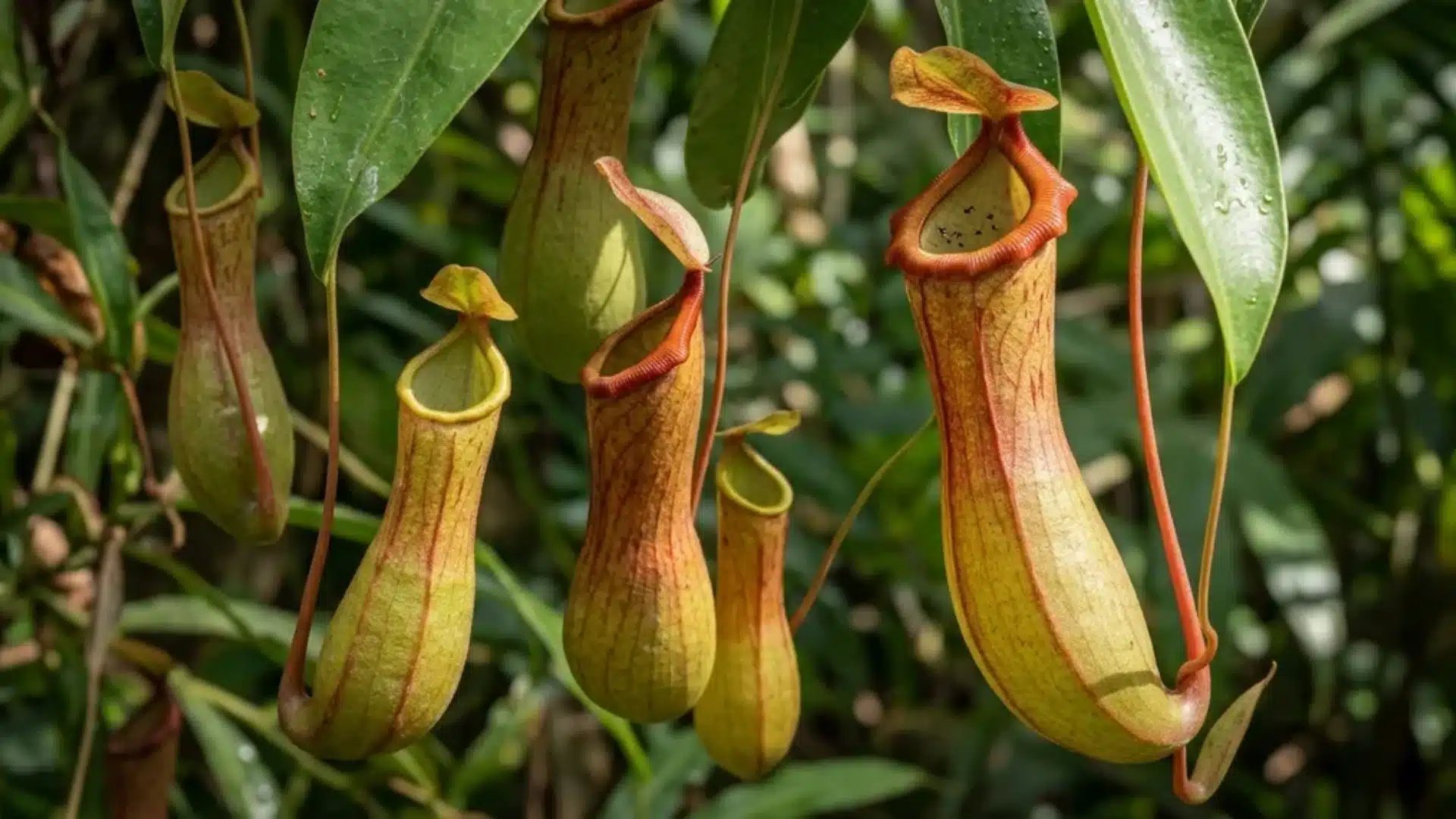 Close-up of multiple pitcher plants hanging, showing elongated tubular traps with flared rims and green leaves in a lush tropical setting.