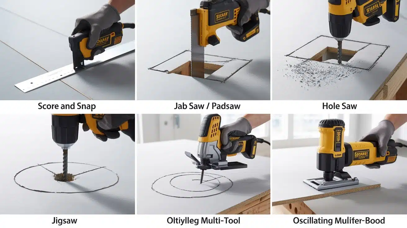 DIY guide showing plasterboard cutting methods: score and snap, jab saw, hole saw, drill, jigsaw, and oscillating multi-tool in action