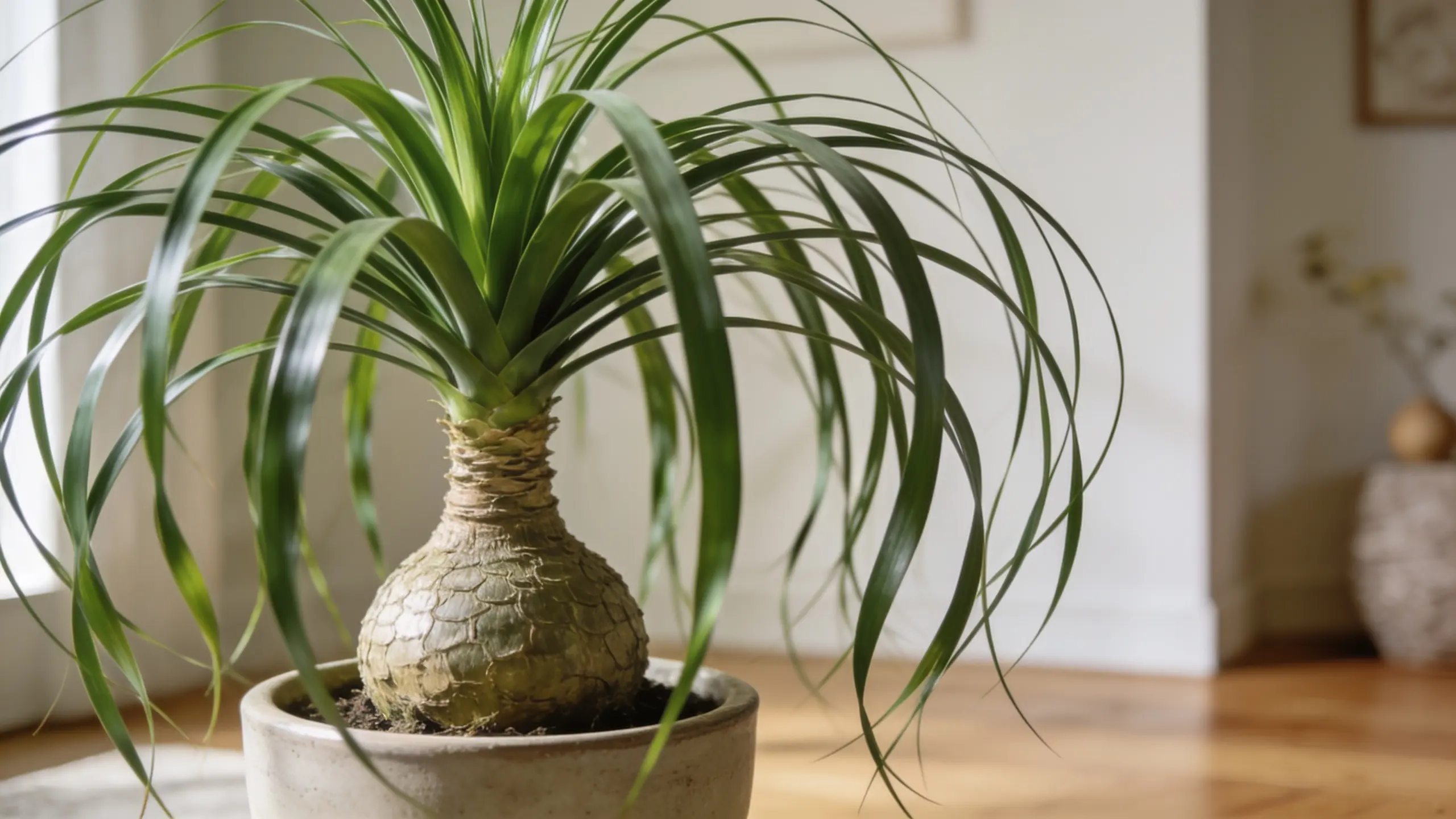 Ponytail palm with bulbous trunk and long flowing green leaves in an indoor pot with natural light.