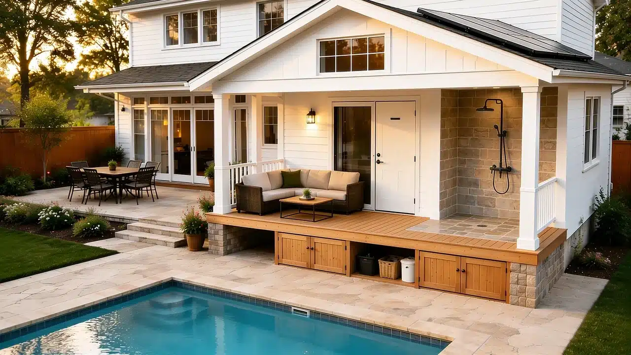 Pool house addition with lounge area , shower, and backyard pool .