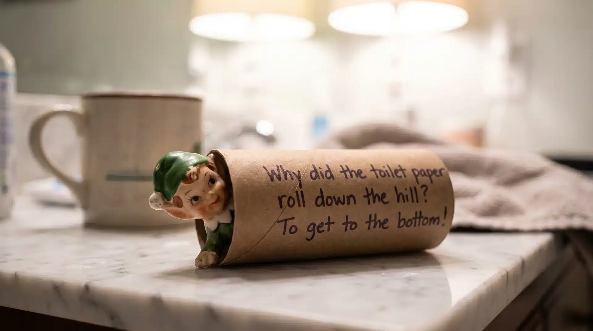 Elf on the shelf peeking out from a toilet paper roll with a joke written on the side.