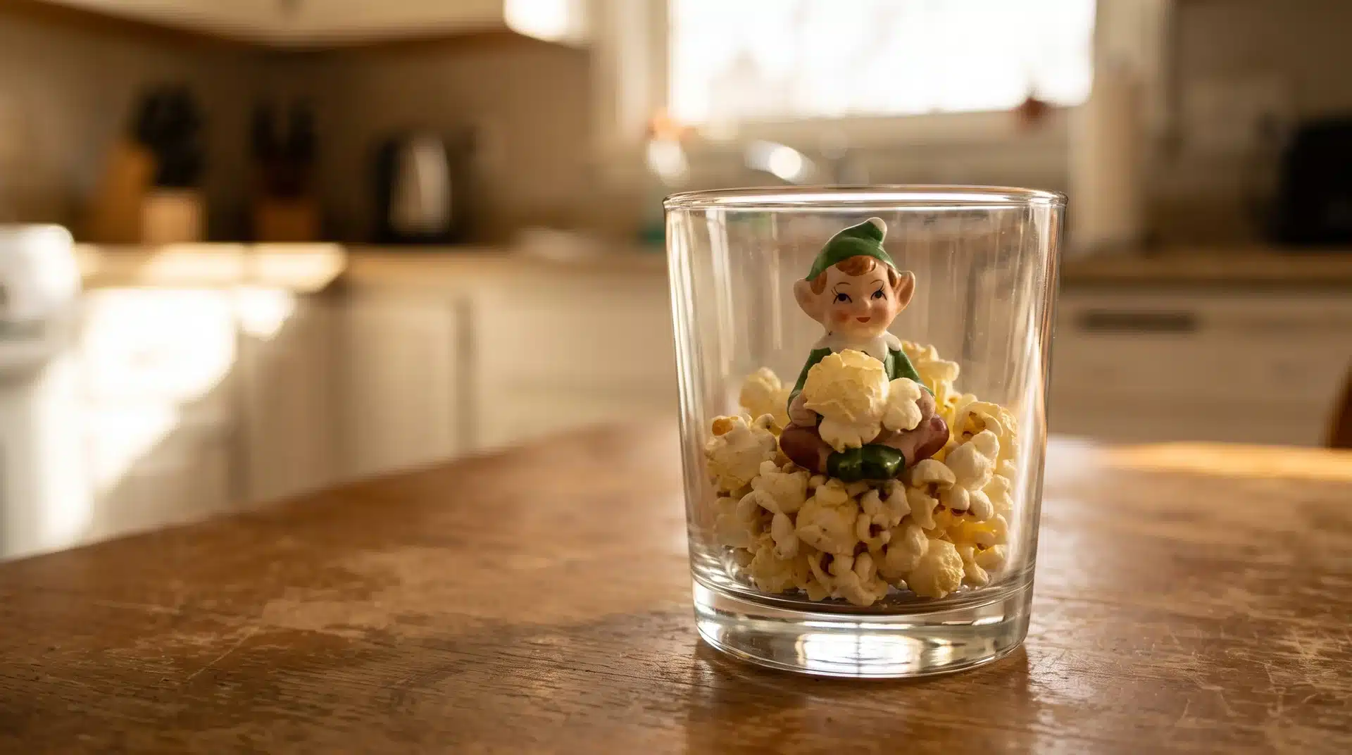 Elf on the shelf sitting inside a clear glass cup filled with popcorn holding corn.