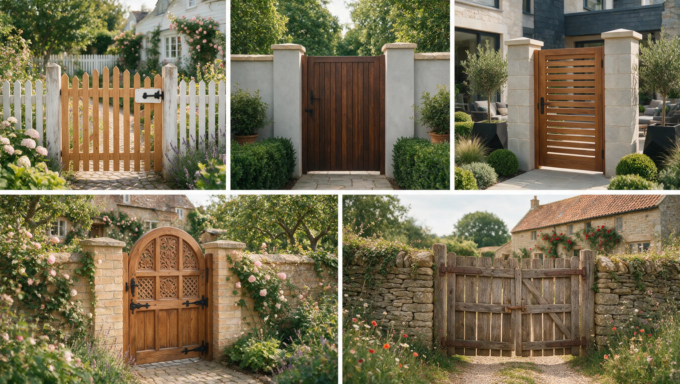 Collage of five wooden garden gate styles, including picket, solid, slatted, arched, and rustic farmhouse designs.ted, and modern designs in landscaped gardens.
