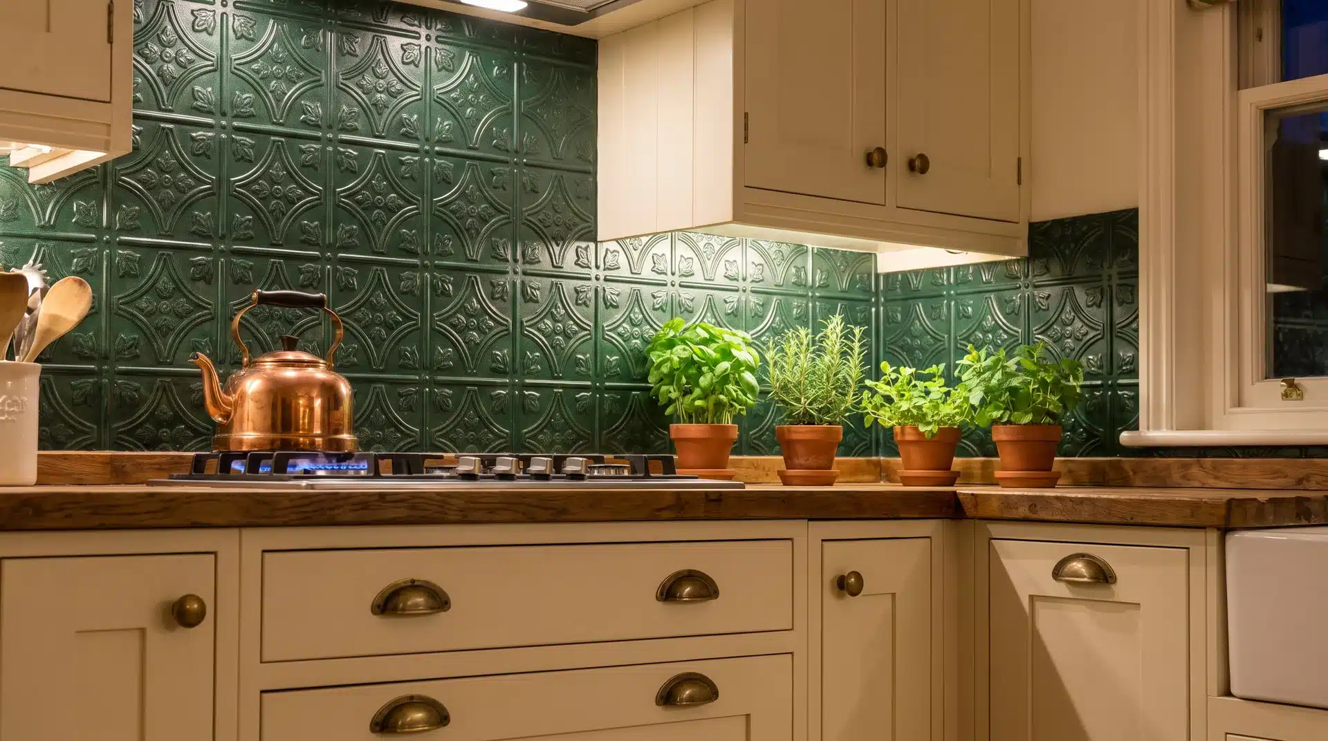 Deep forest green pressed metal splashback with embossed pattern behind cream cabinetry and a copper kettle.