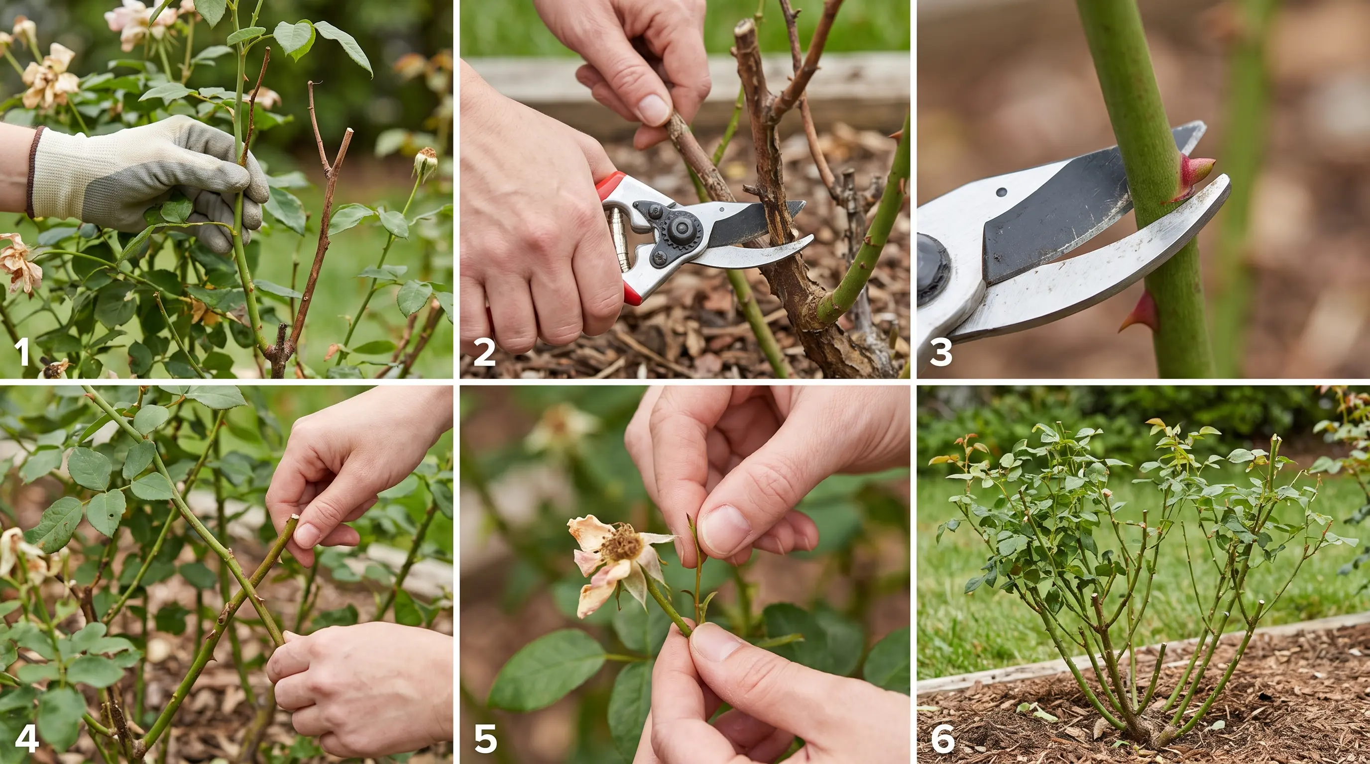 tep-by-step rose pruning process showing cutting, trimming, and shaping a rose bush with garden tools.