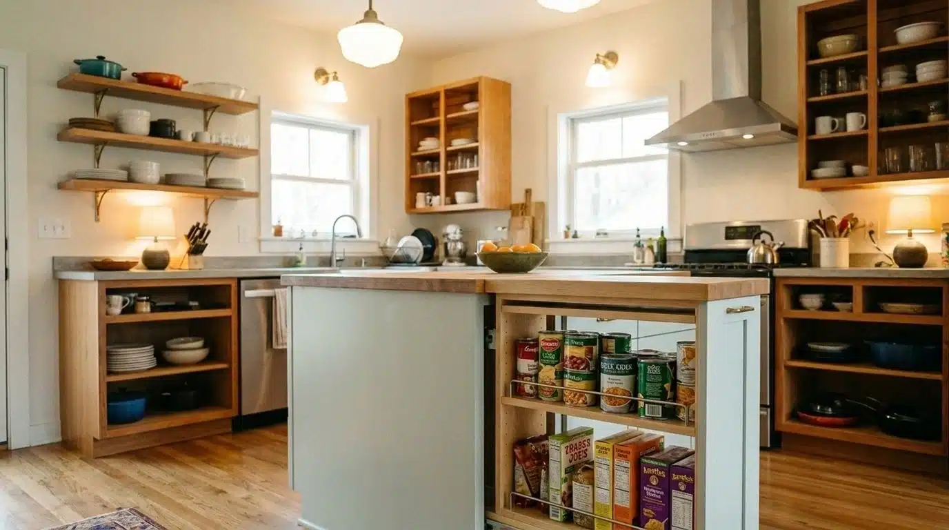 Kitchen island with pull-out pantry cabinet