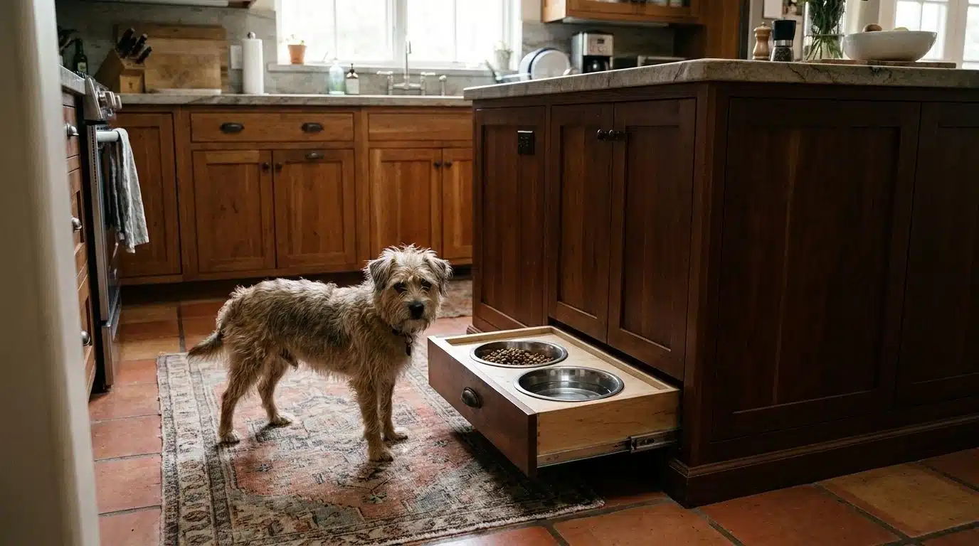 Kitchen island pull-out pet feeding drawer