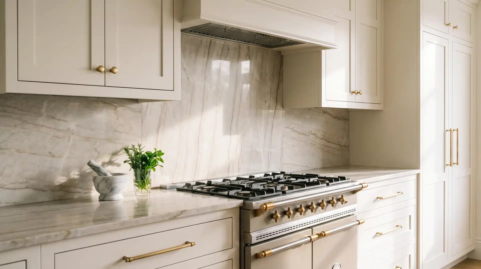 Taj Mahal quartzite slab splashback with warm veining behind white cabinetry and unlacquered brass hardware.