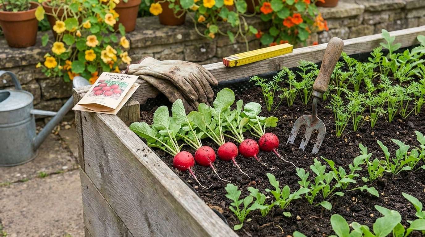 Freshly pulled red radishes growing in a wooden raised garden bed alongside carrot tops and arugula seedlings showing companion planting for beginners.