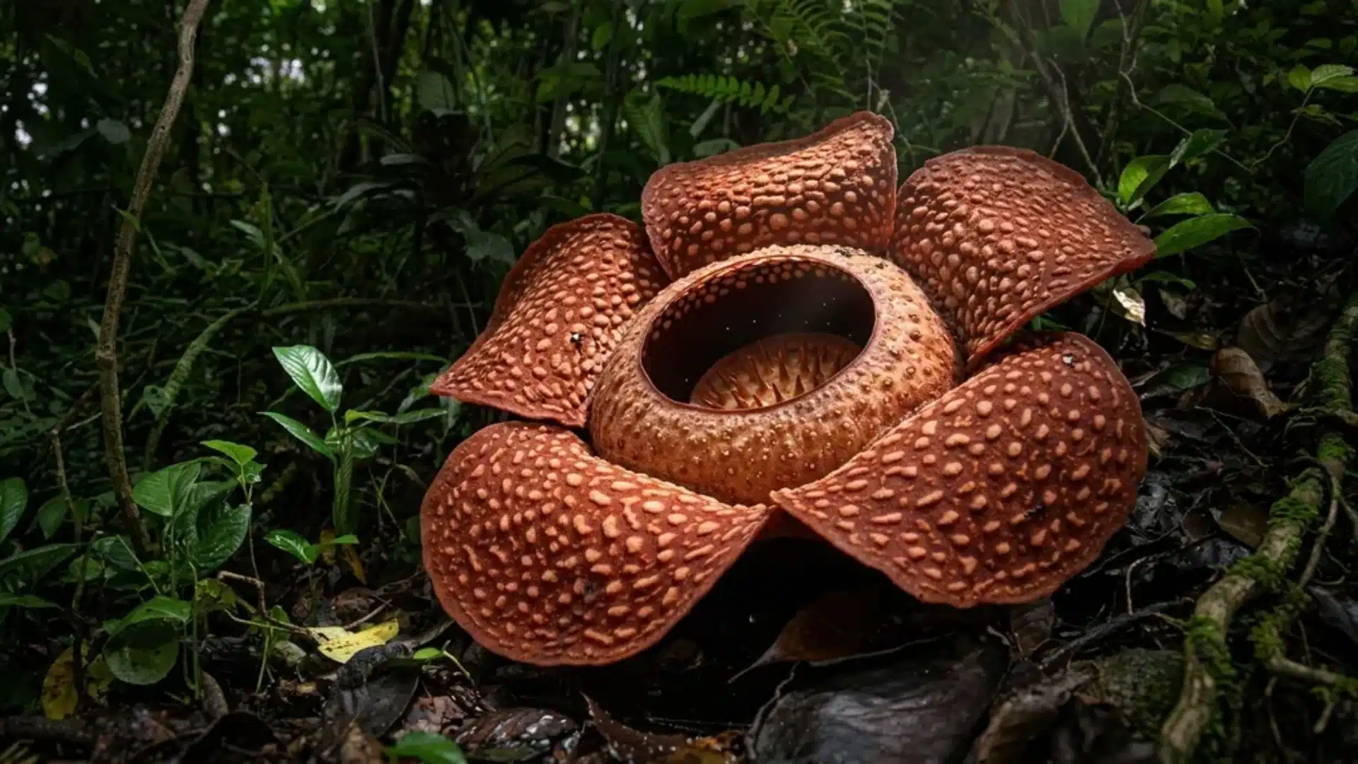 Giant reddish-brown parasitic flower with textured petals in dense rainforest undergrowth.