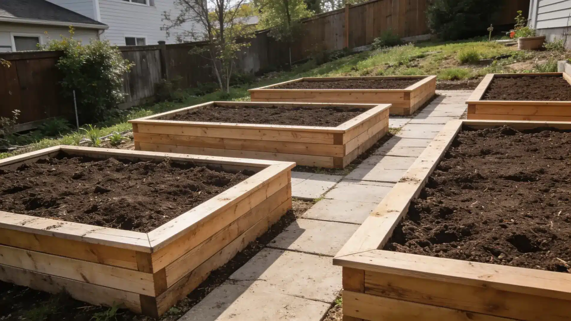 Wooden raised garden beds filled with fresh soil in backyard