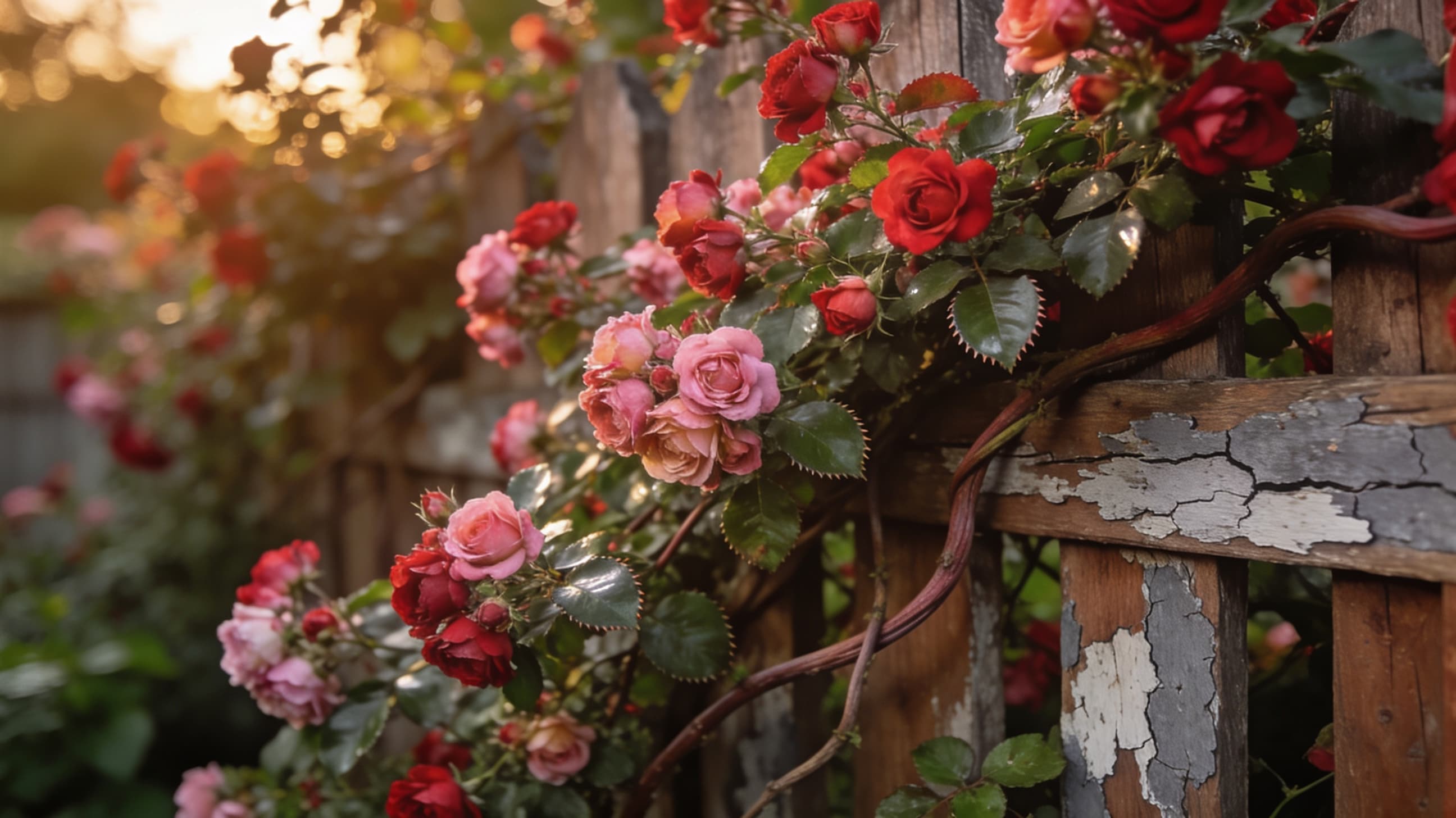 A sprawling Rambling Rose covering a wooden fence with long, flexible canes and clusters of small blooms in pink and red, set in a tranquil garden with soft dappled sunlight