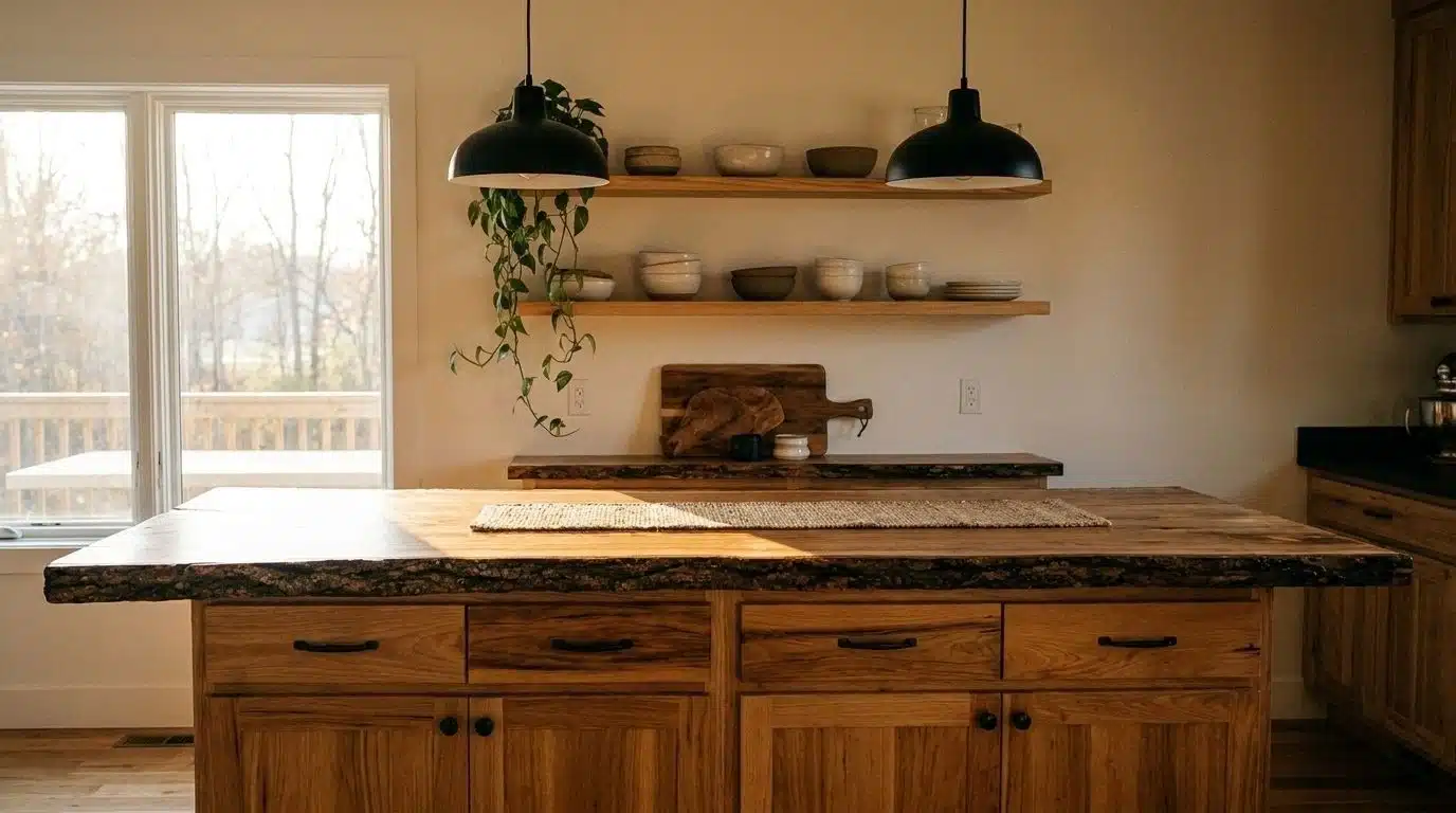 Live-edge wood slab kitchen island countertop