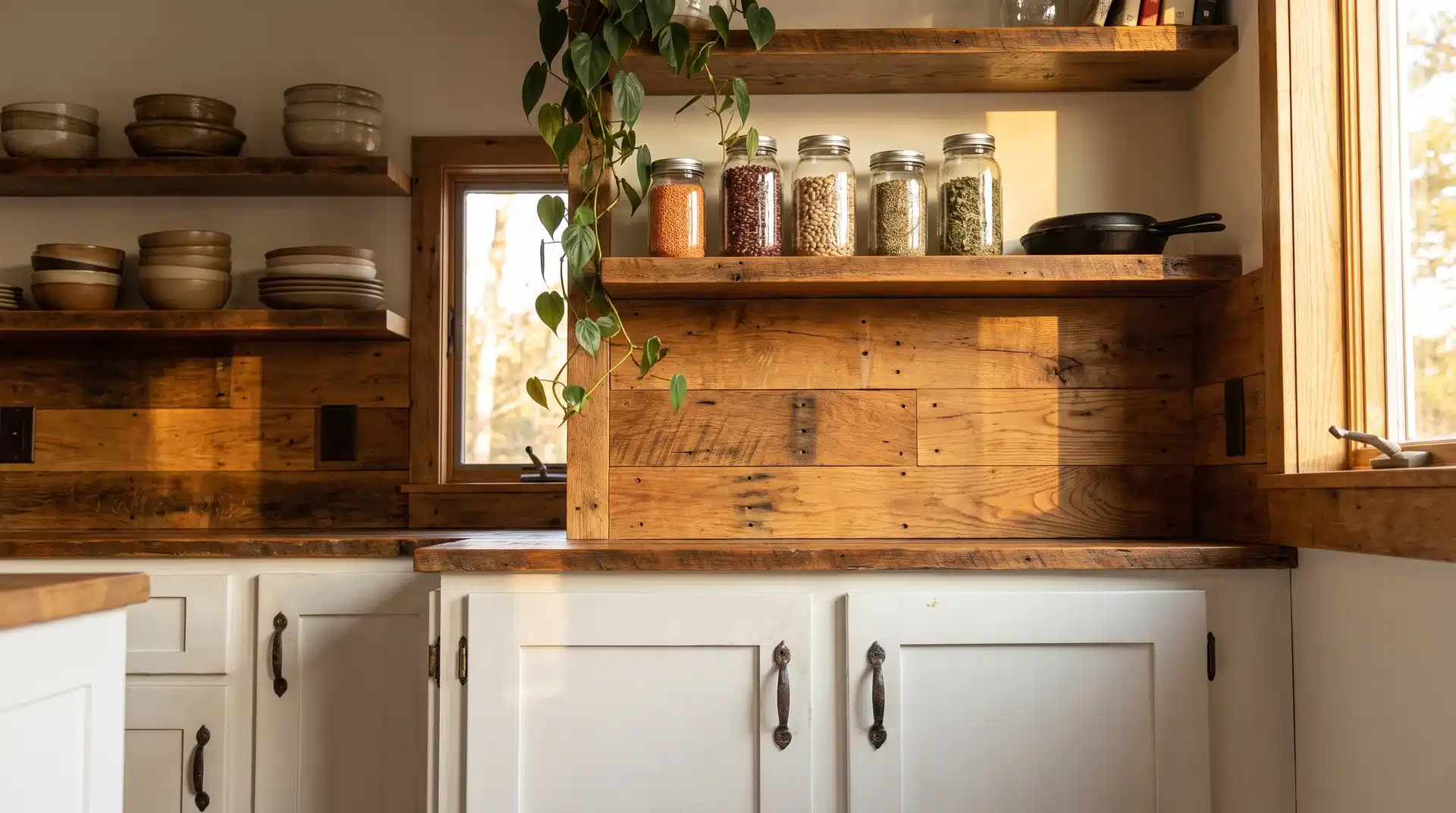 Sealed reclaimed oak board splashback behind open shelving with ceramic bowls and glass jars in a warm kitchen.