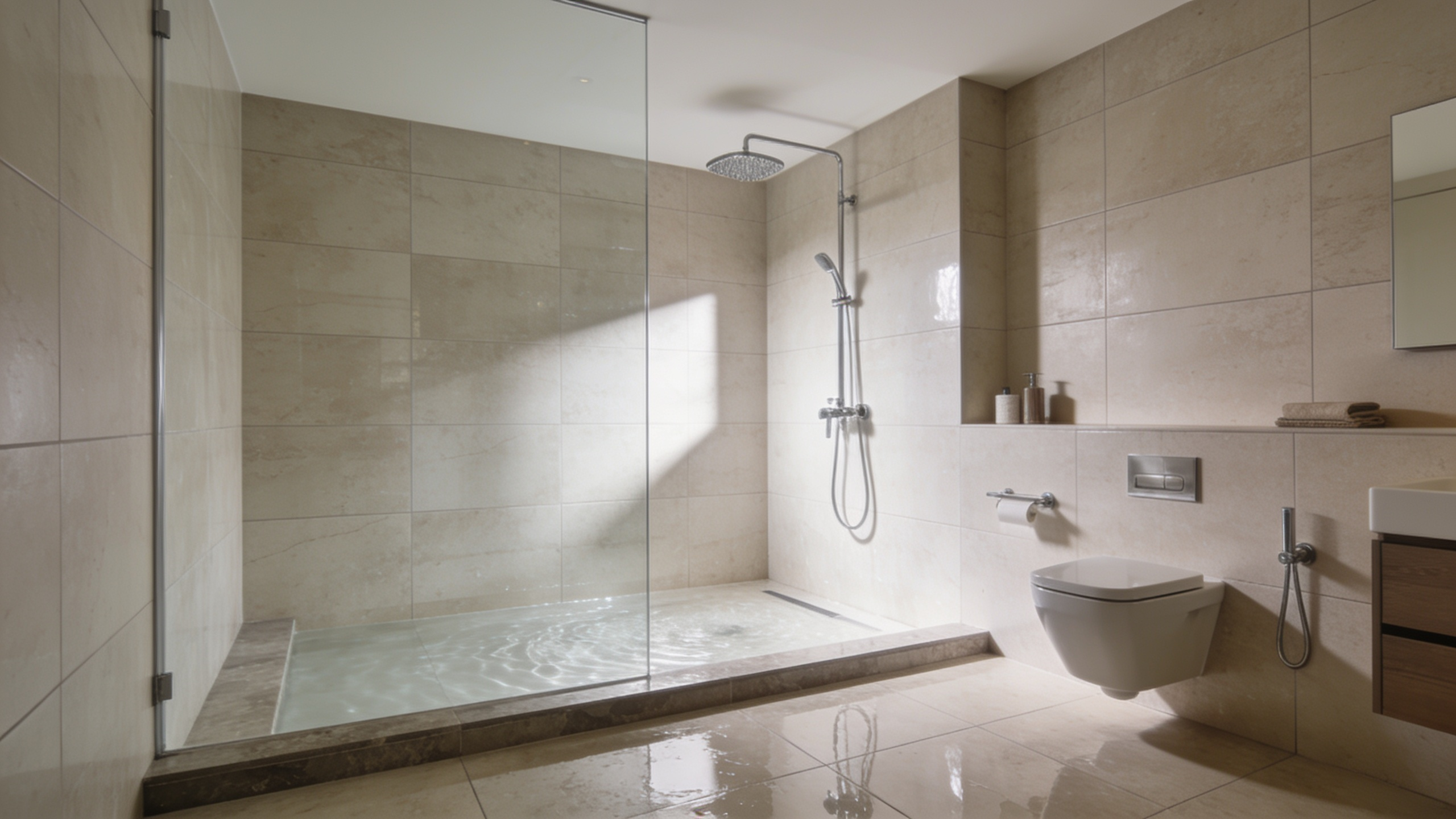 Modern bathroom with a walk-in glass shower, beige tile walls, rainfall showerhead, floating toilet, and sleek vanity.