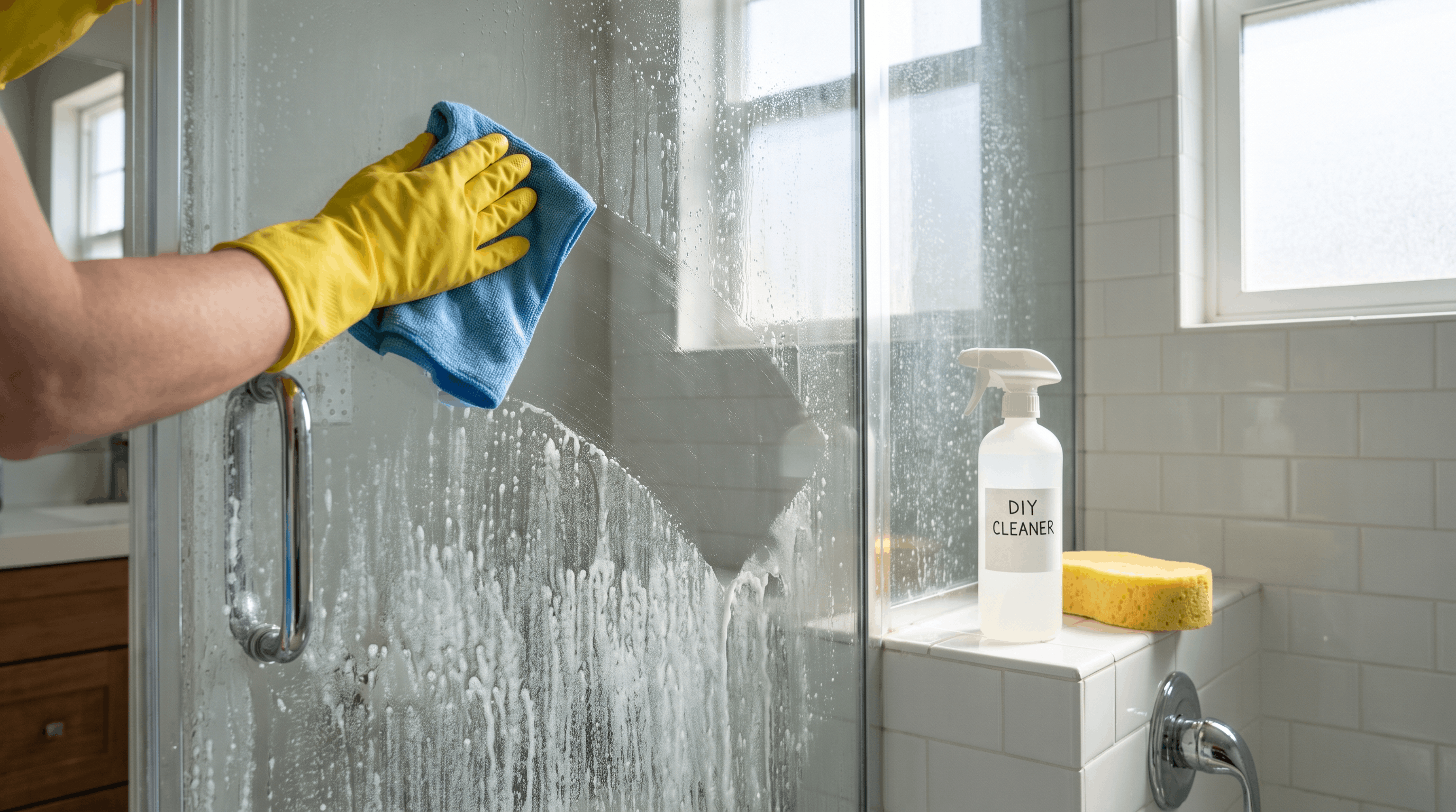 Removing soap scum from shower glass with dish soap and microfiber cloth.