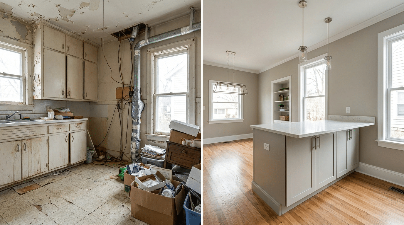 Side-by-side comparison of a damaged outdated kitchen and a bright modern renovated kitchen with an island and pendant lights.
